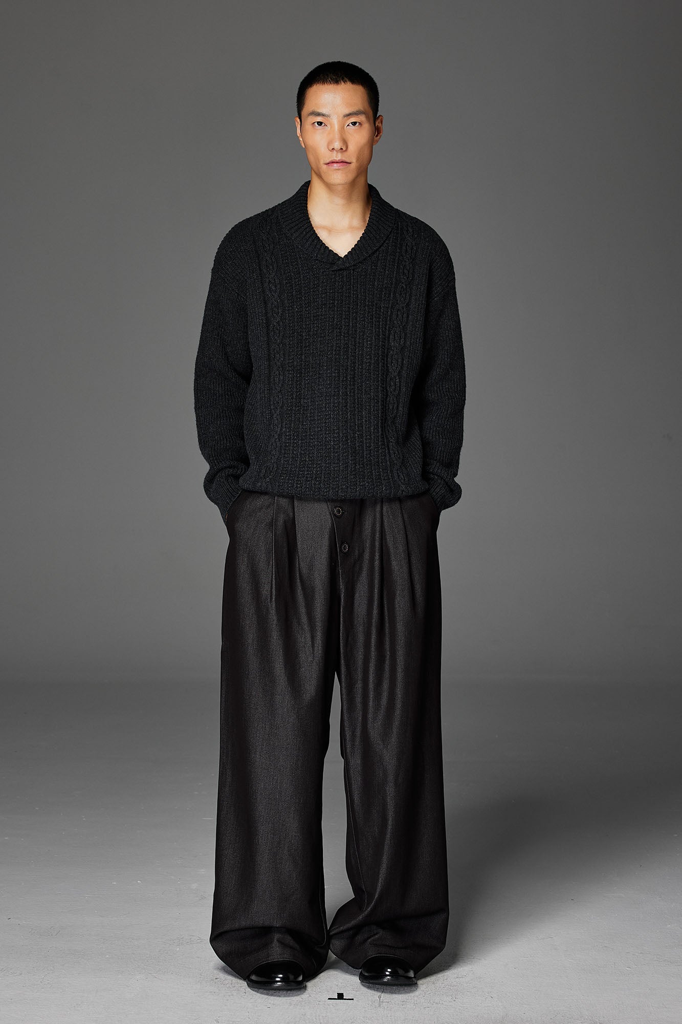 CATSSTAC Wool-Blend Shawl-Collar Cable Knit Sweater-Sweater-M-Dark Gray-Free Shipping Leatheretro