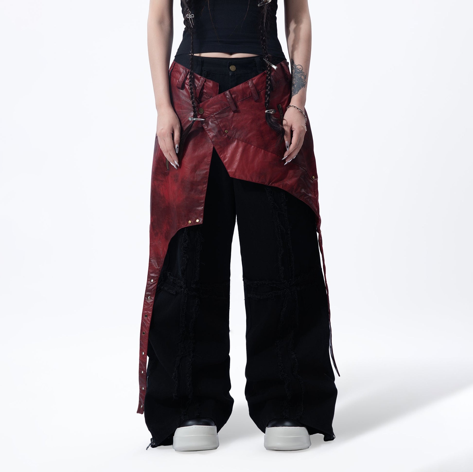 MOGONGSHE Detachable PU Drape Frayed Cross Jeans-Jeans-S-Free Shipping Leatheretro