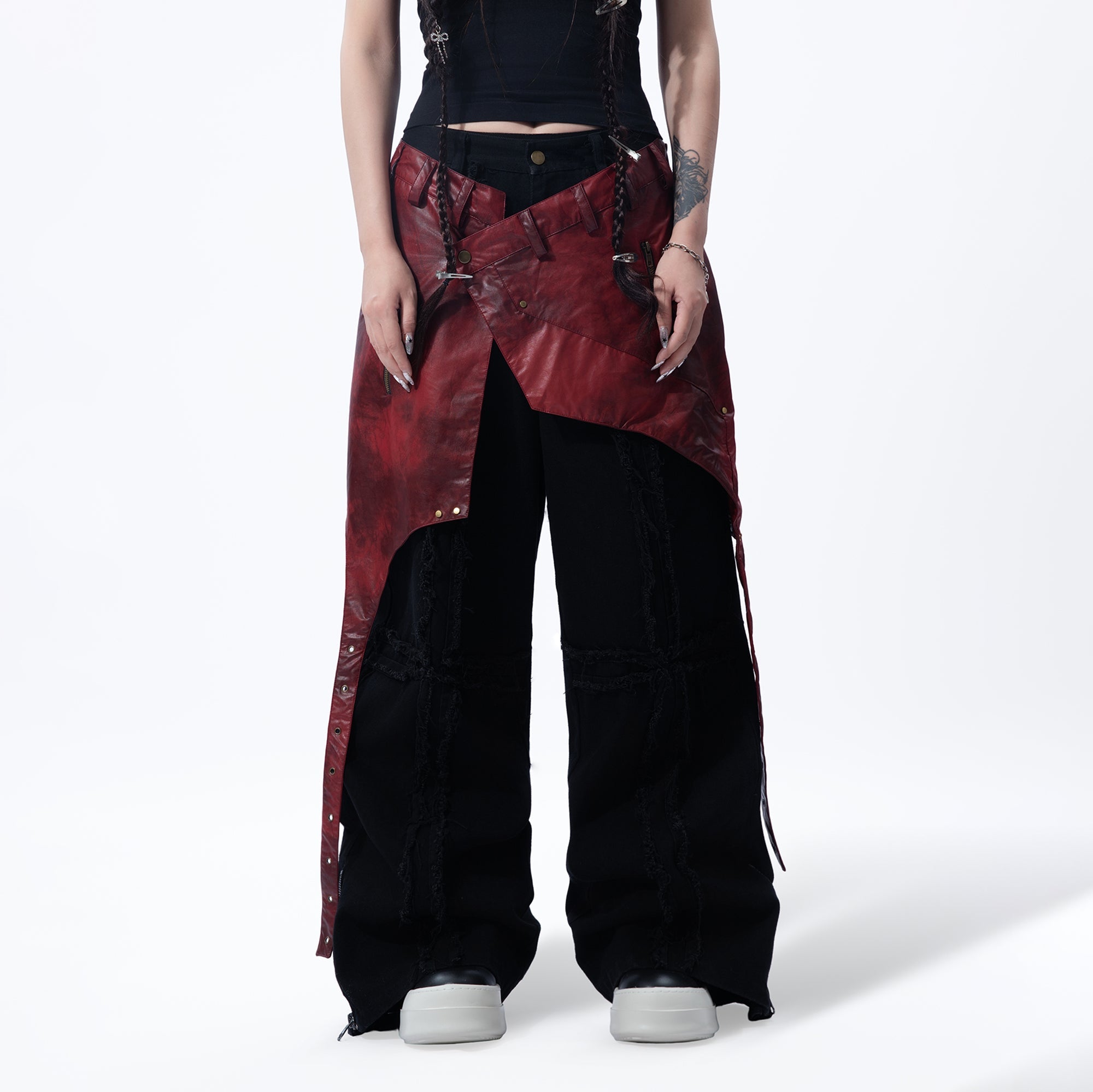 MOGONGSHE Detachable PU Drape Frayed Cross Jeans-Jeans-S-Free Shipping Leatheretro