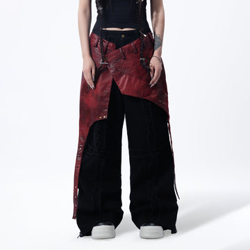 MOGONGSHE Detachable PU Drape Frayed Cross Jeans-Jeans-S-Free Shipping Leatheretro