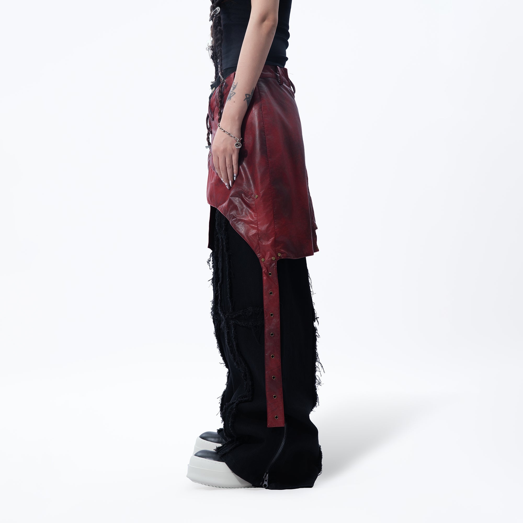 MOGONGSHE Detachable PU Drape Frayed Cross Jeans-Jeans-S-Free Shipping Leatheretro