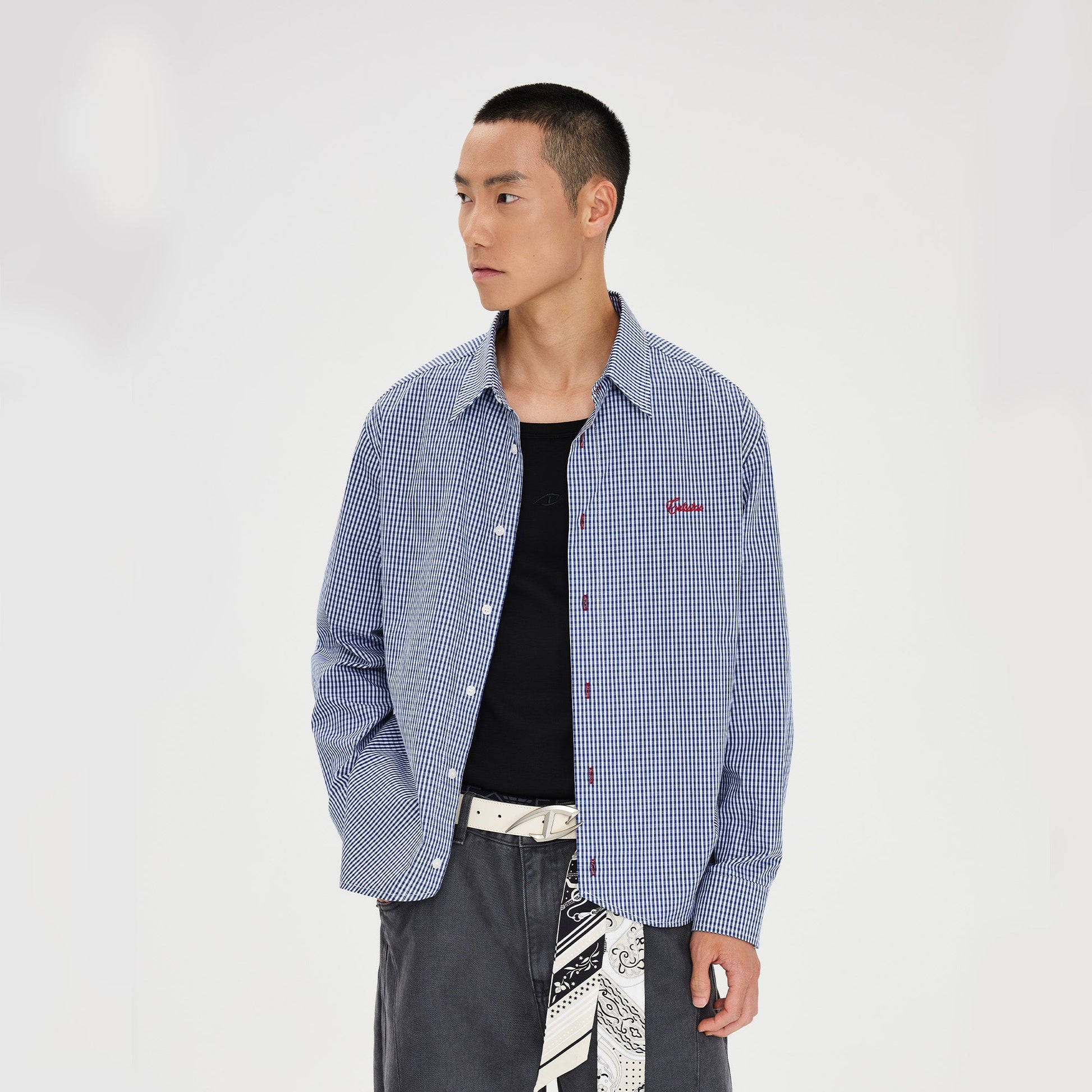 CATSSTAC Essential Gingham Embroidered Shirt-Shirt-M-Blue-Free Shipping Leatheretro