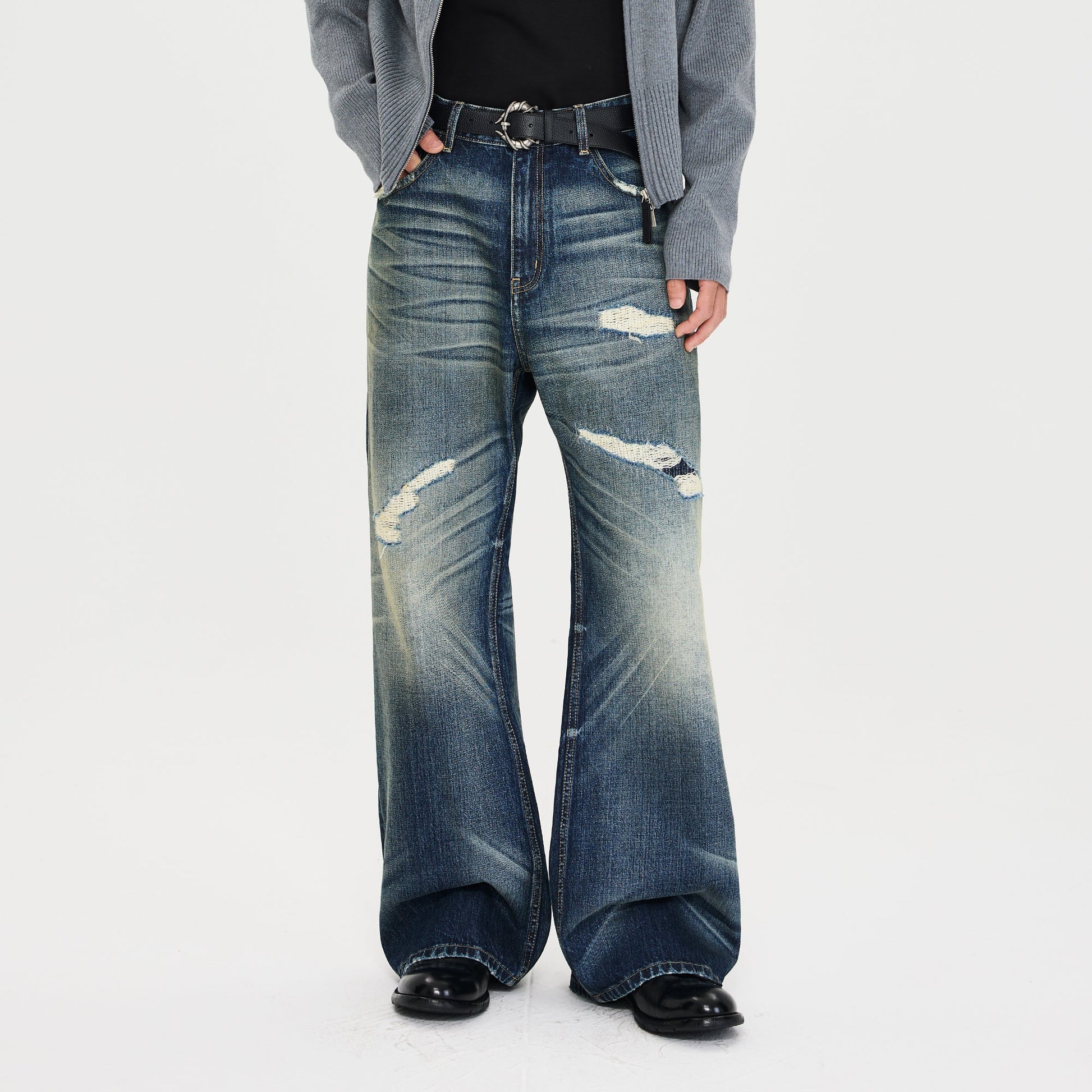 CATSSTAC Distressed Wrinkled Washed Wide-Leg Jeans-Jeans-M-Free Shipping Leatheretro