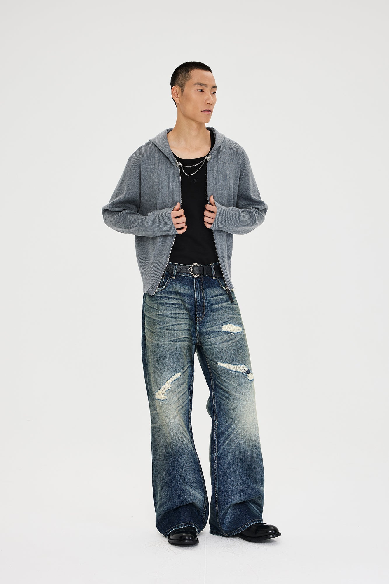 CATSSTAC Distressed Wrinkled Washed Wide-Leg Jeans-Jeans-M-Free Shipping Leatheretro