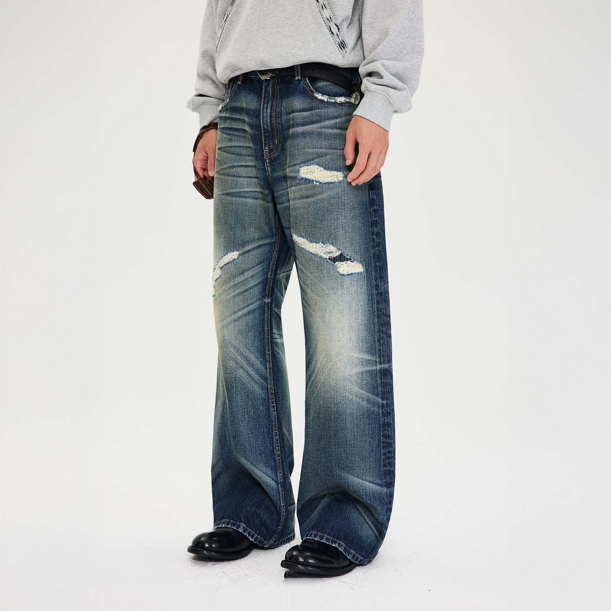 CATSSTAC Distressed Wrinkled Washed Wide-Leg Jeans-Jeans-M-Free Shipping Leatheretro