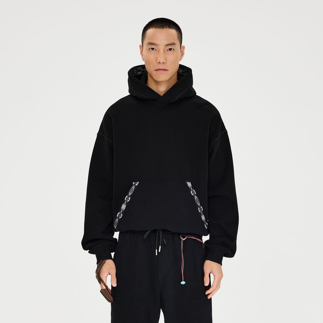 CATSSTAC Totem-Trimmed Kangaroo Pocket Hoodie-Hoodie-S-Gray-Free Shipping Leatheretro