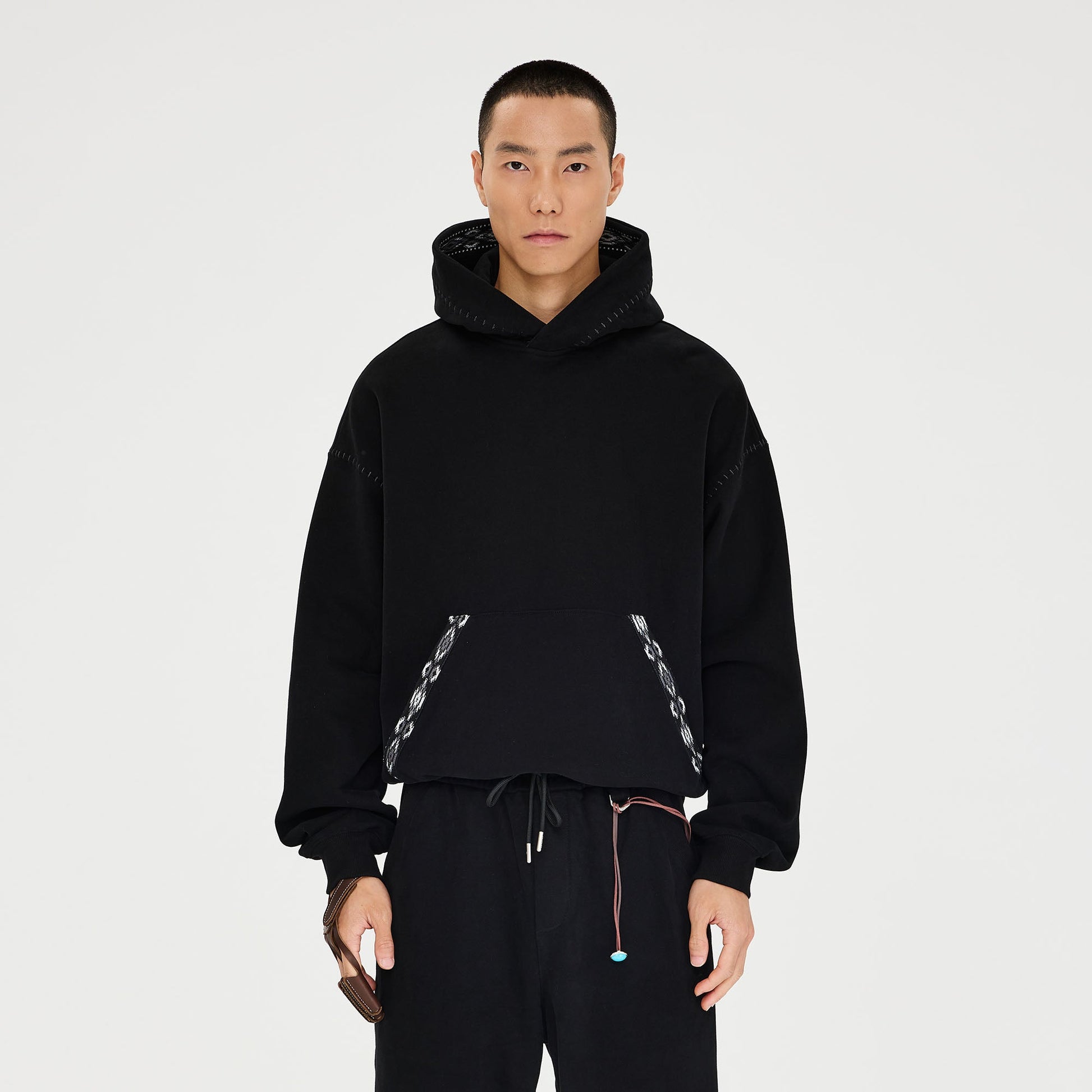 CATSSTAC Totem-Trimmed Kangaroo Pocket Hoodie-Hoodie-S-Black-Free Shipping Leatheretro