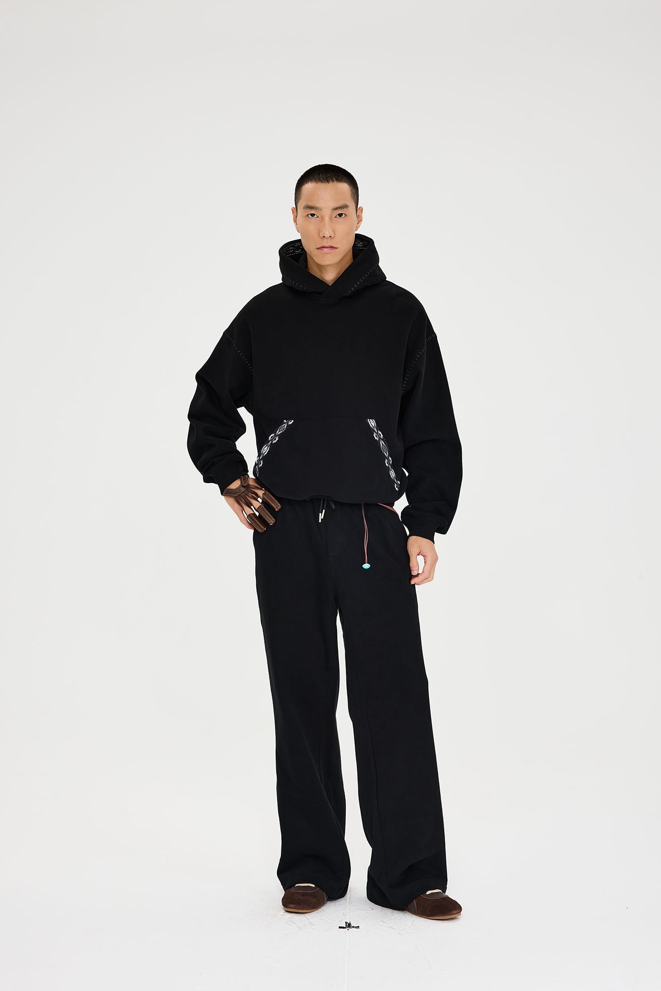 CATSSTAC Totem-Trimmed Kangaroo Pocket Hoodie-Hoodie-S-Gray-Free Shipping Leatheretro