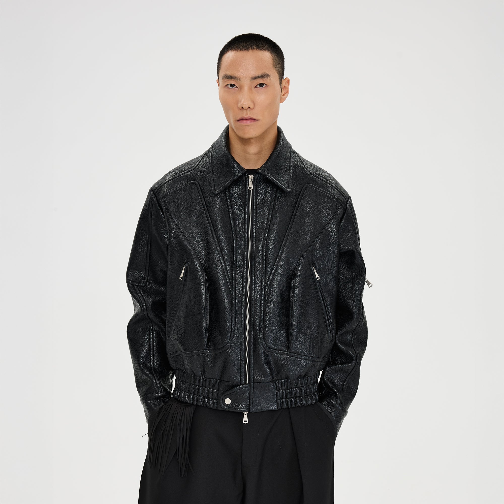 CATSSTAC Paneled Grain PU Utility Jacket-Jacket-M-Black-Free Shipping Leatheretro