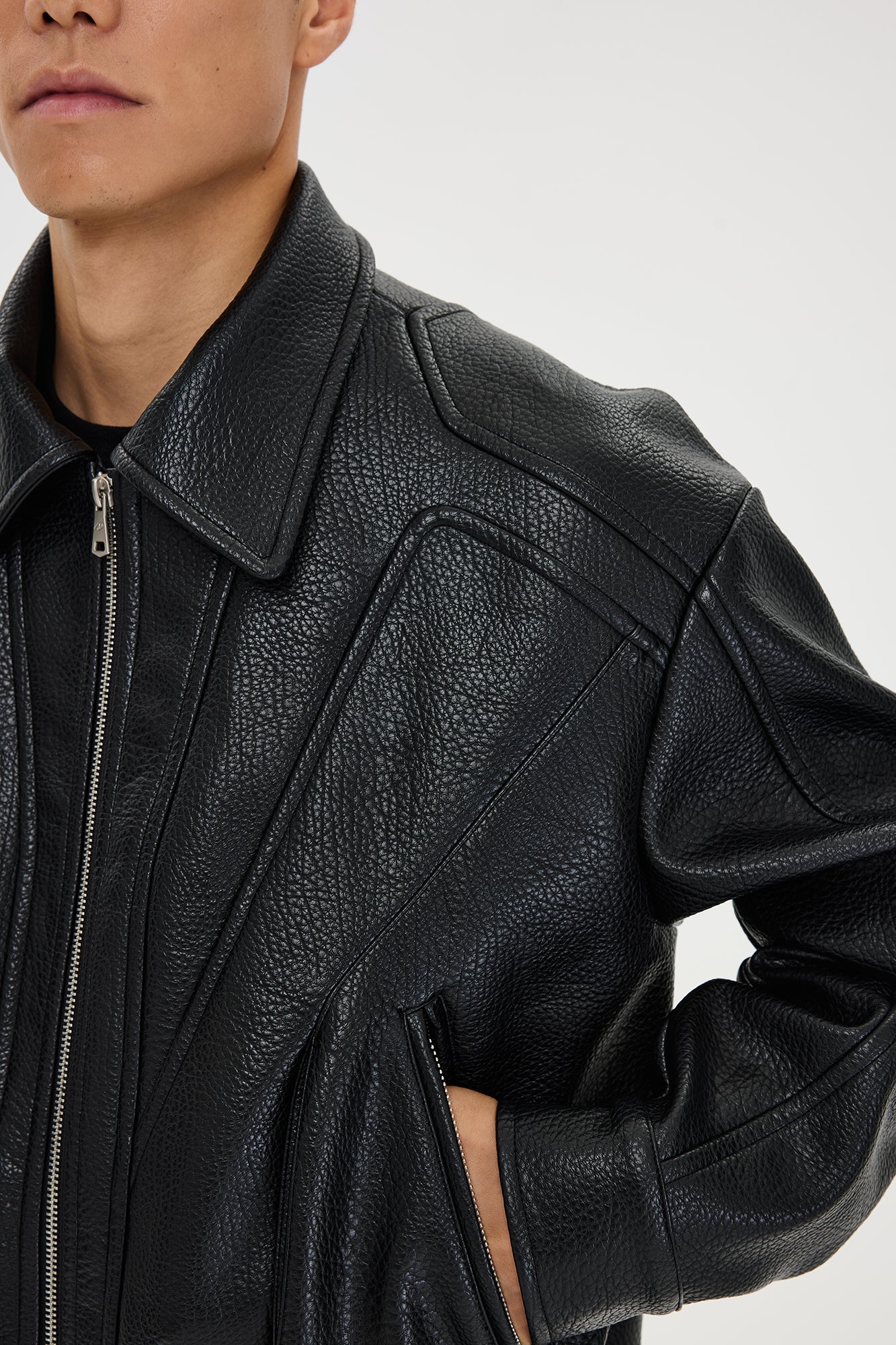 CATSSTAC Paneled Grain PU Utility Jacket-Jacket-M-Black-Free Shipping Leatheretro