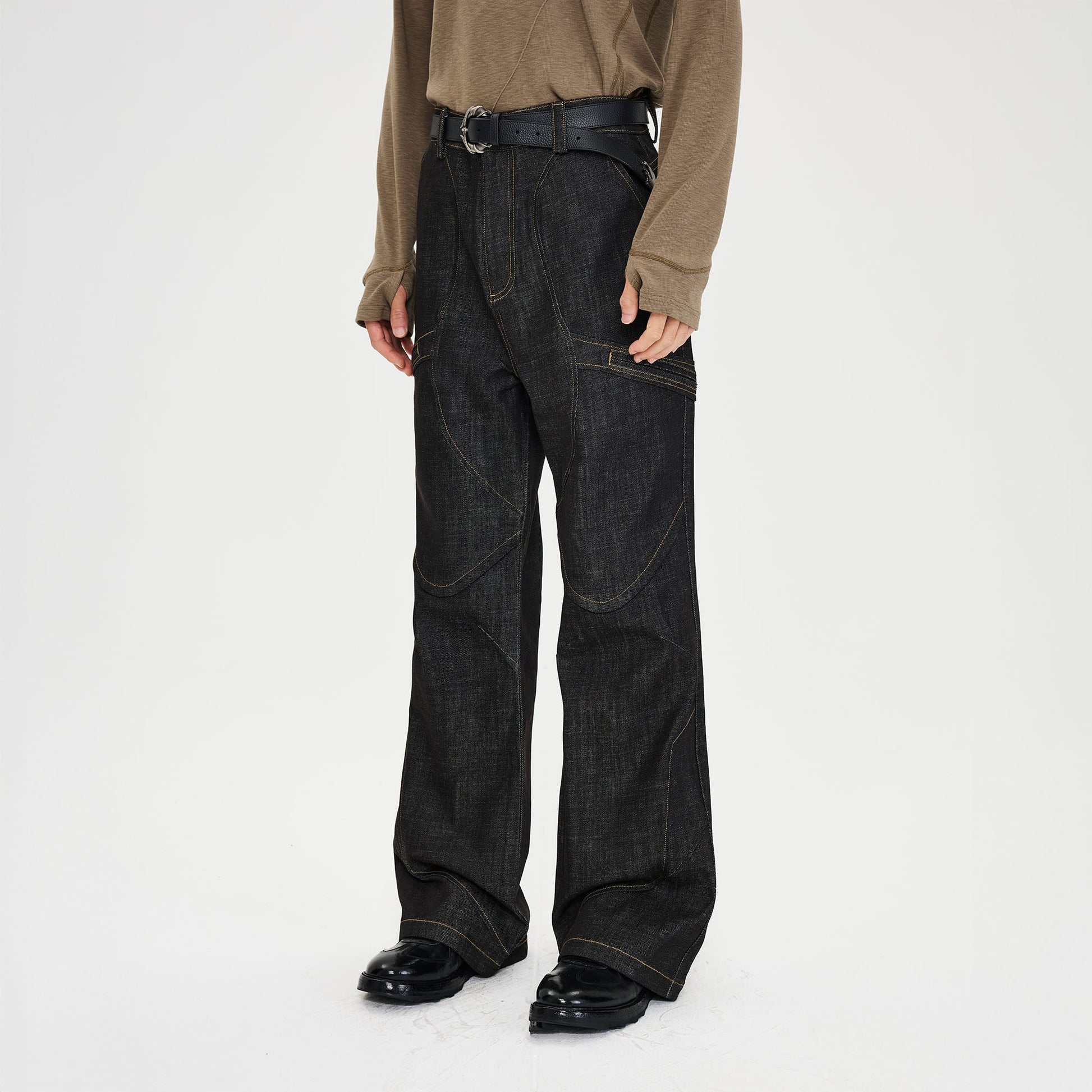 CATSSTAC Retro Curved Seam Panel Raw Jeans-Jeans-M-Free Shipping Leatheretro