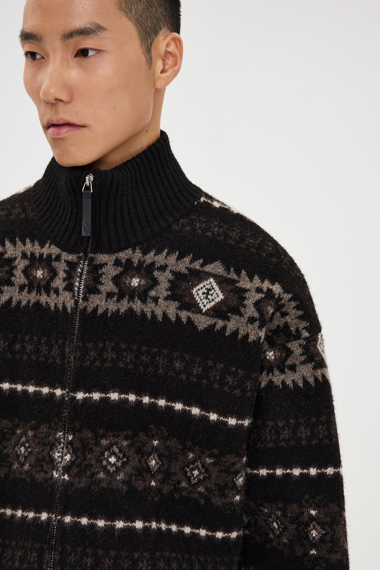 CATSSTAC Geometry Jacquard Zip-Up Cardigan-Jacket-M (Preorder)-Coffee-Free Shipping Leatheretro