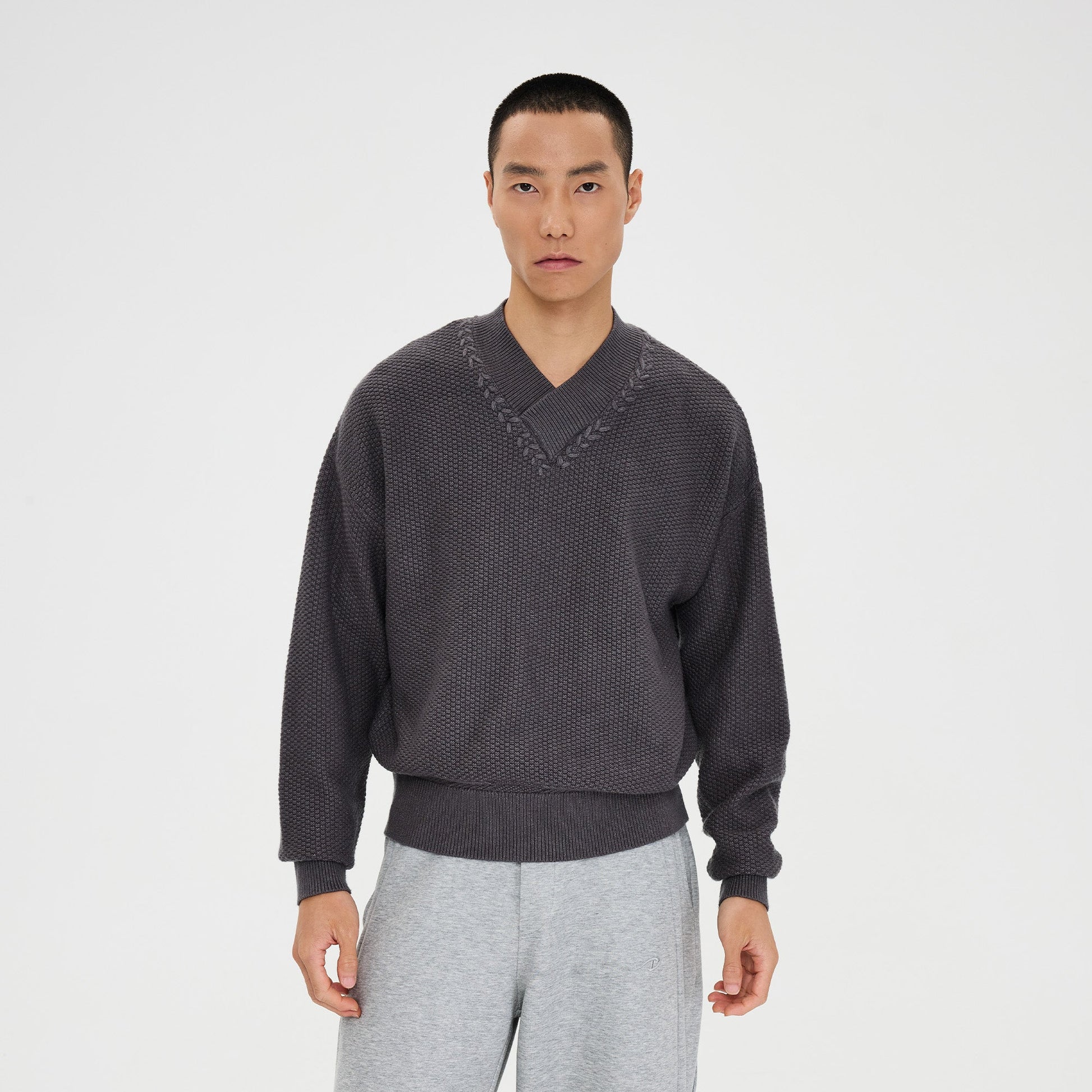 CATSSTAC Wheat-Weave V-Neck Oversized Sweater-Sweater-M-Dark Gray-Free Shipping Leatheretro