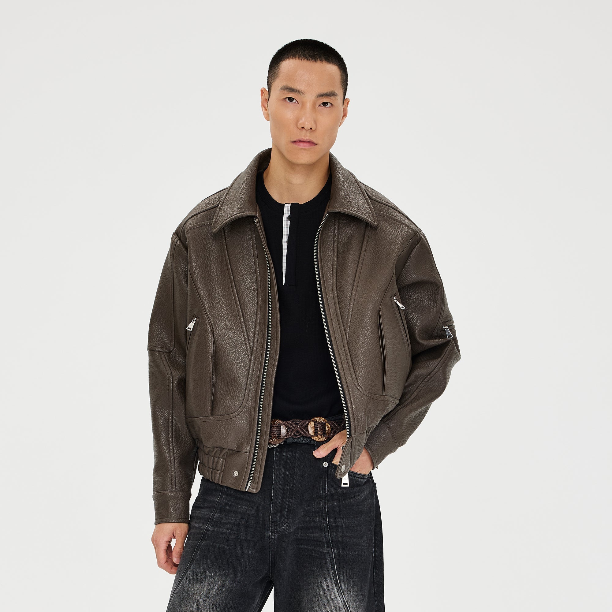 CATSSTAC Paneled Grain PU Utility Jacket-Jacket-M-Brown-Free Shipping Leatheretro