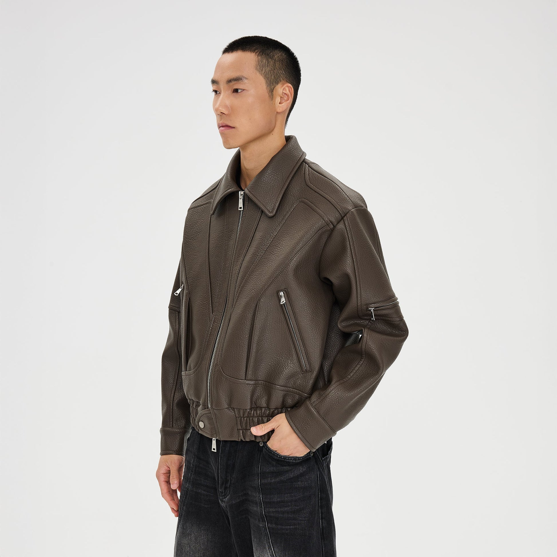 CATSSTAC Paneled Grain PU Utility Jacket-Jacket-M-Black-Free Shipping Leatheretro