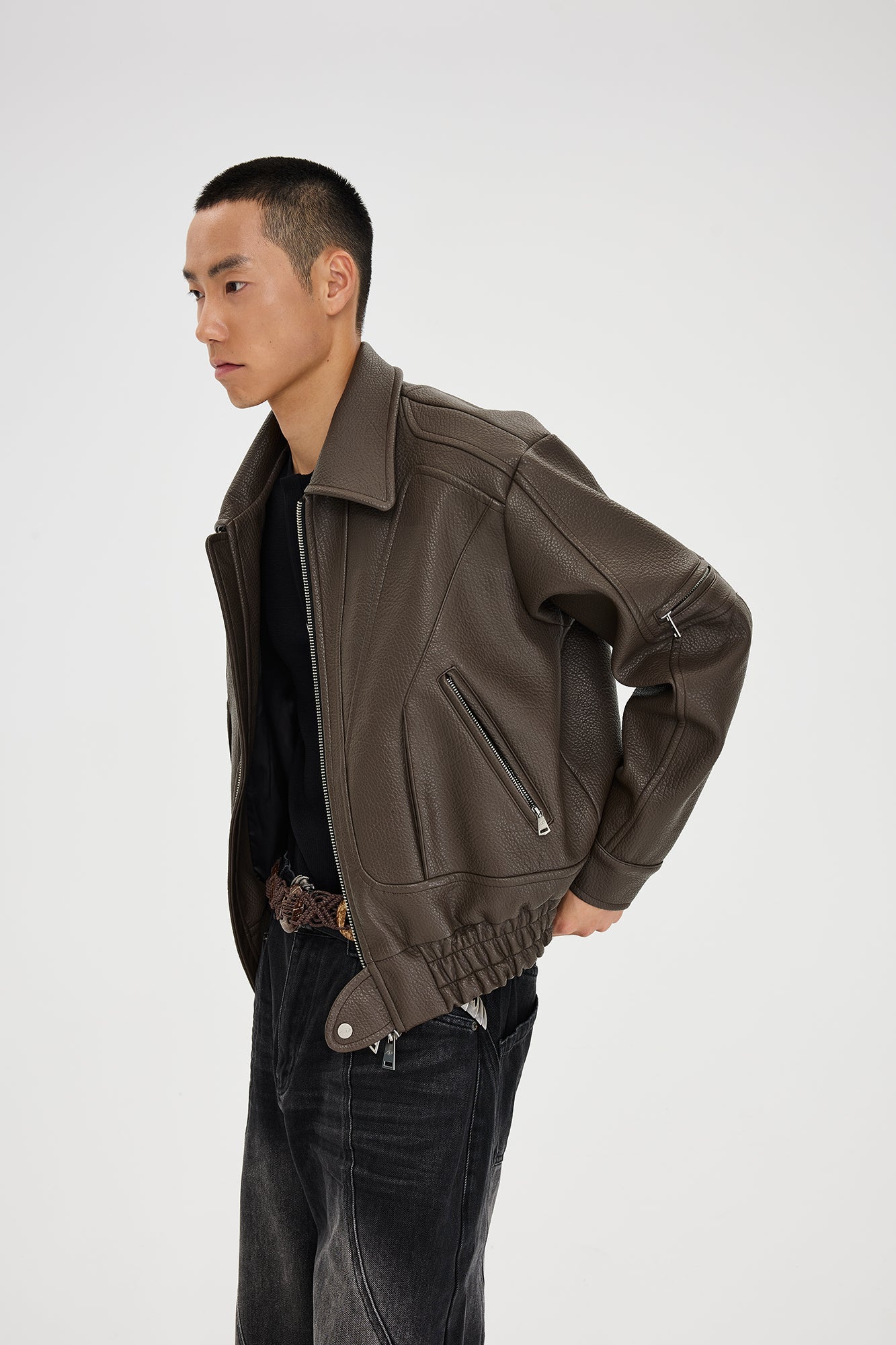 CATSSTAC Paneled Grain PU Utility Jacket-Jacket-M-Black-Free Shipping Leatheretro