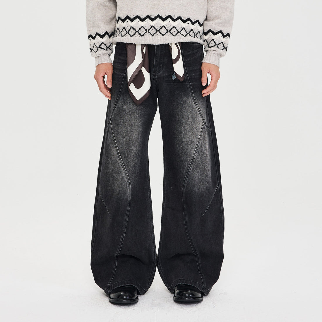 CATSSTAC Whisker-Washed Panel Wide-Leg Jeans-Jeans-M-Free Shipping Leatheretro