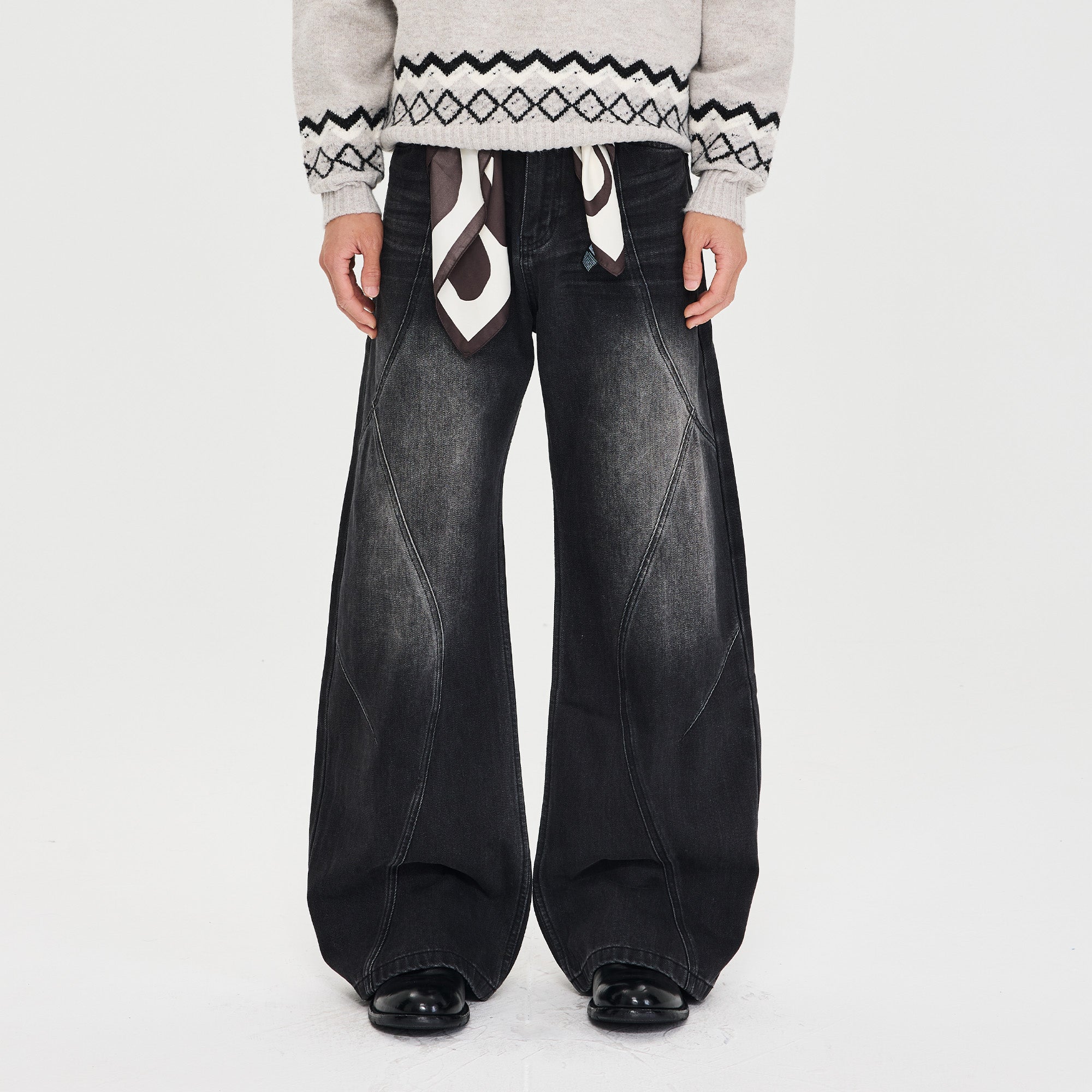 CATSSTAC Whisker-Washed Panel Wide-Leg Jeans-Jeans-M-Free Shipping Leatheretro