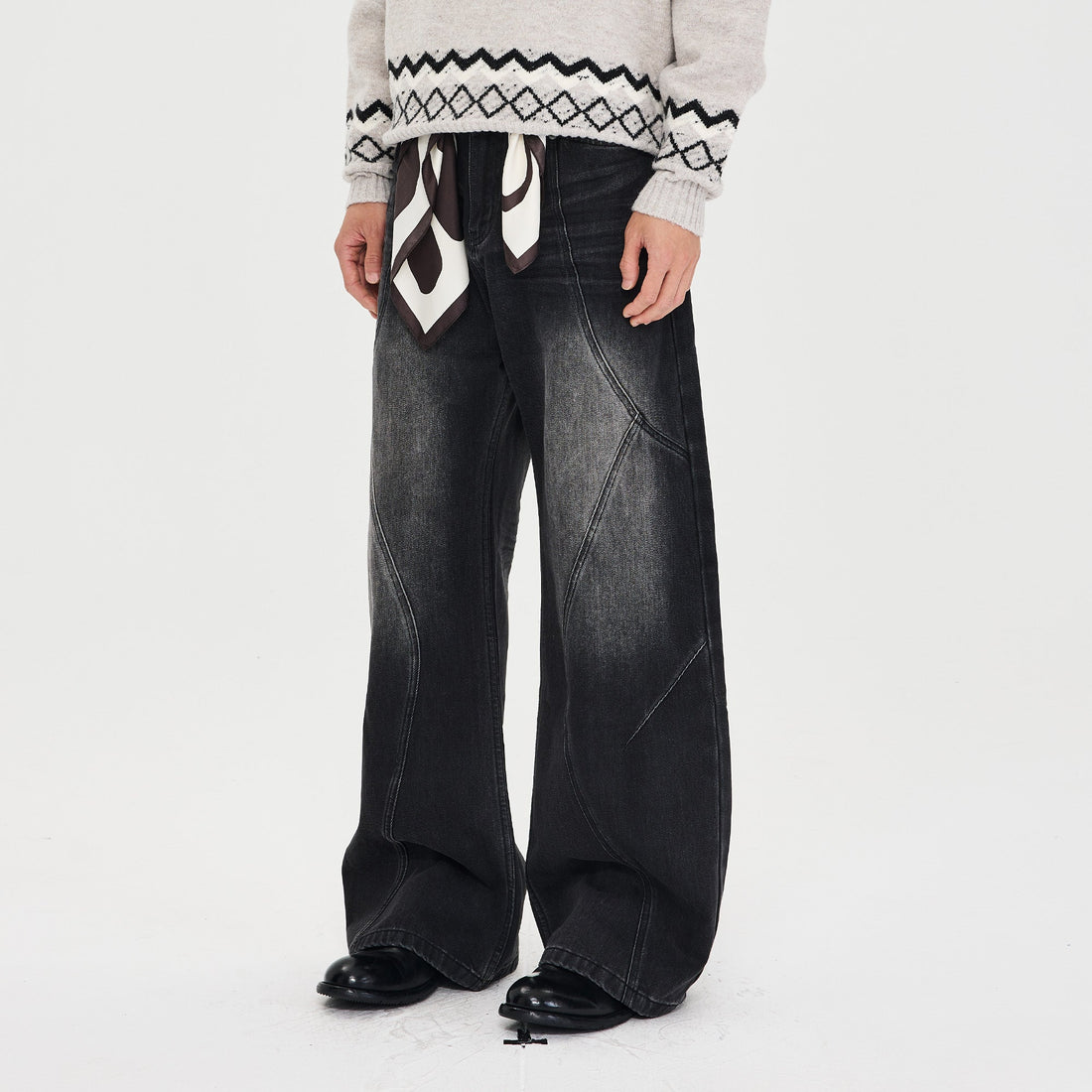 CATSSTAC Whisker-Washed Panel Wide-Leg Jeans-Jeans-M-Free Shipping Leatheretro