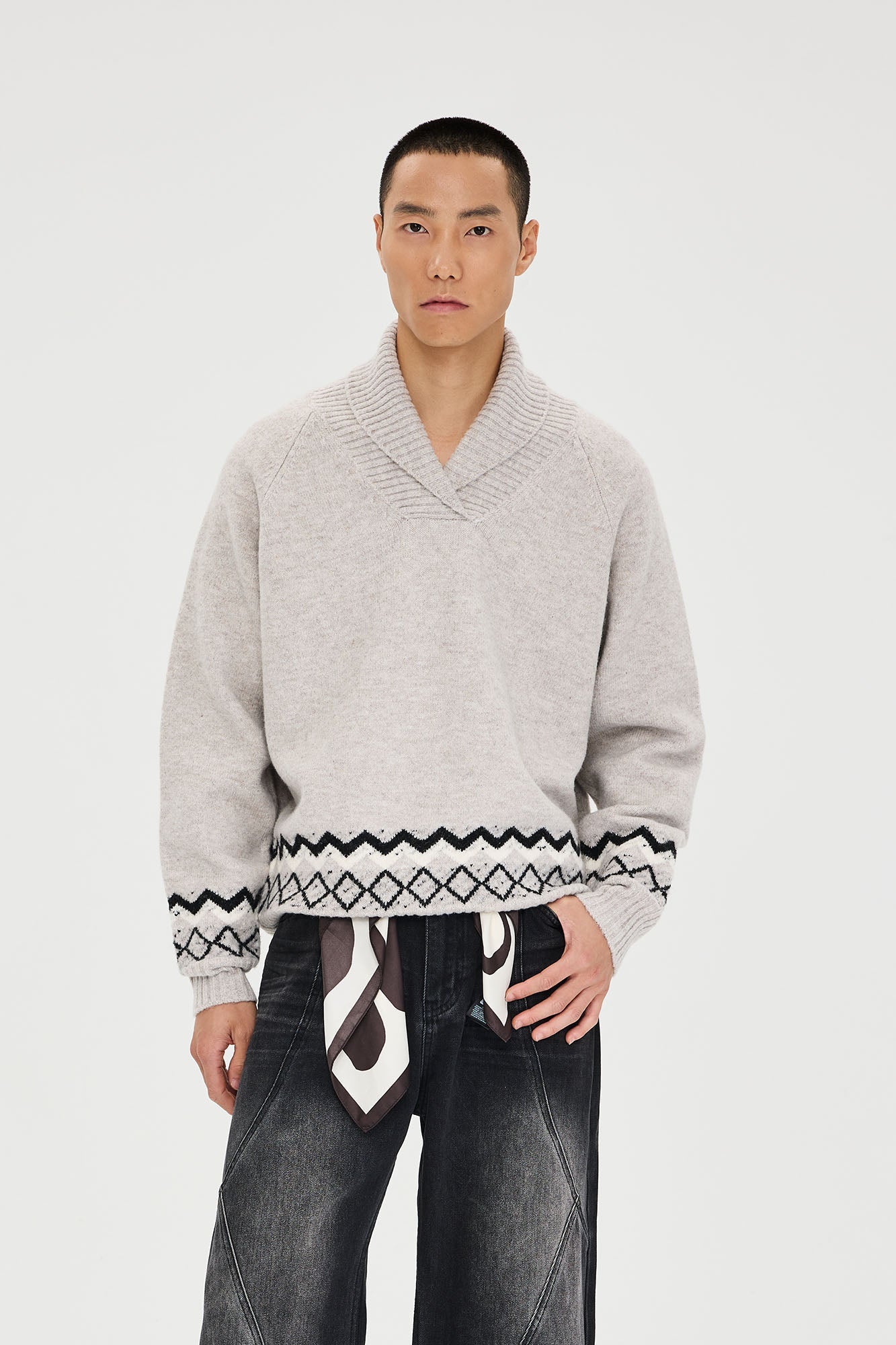 CATSSTAC Nordic Pattern Hem Shawl Collar Sweater-Sweater-M-Gray-Free Shipping Leatheretro