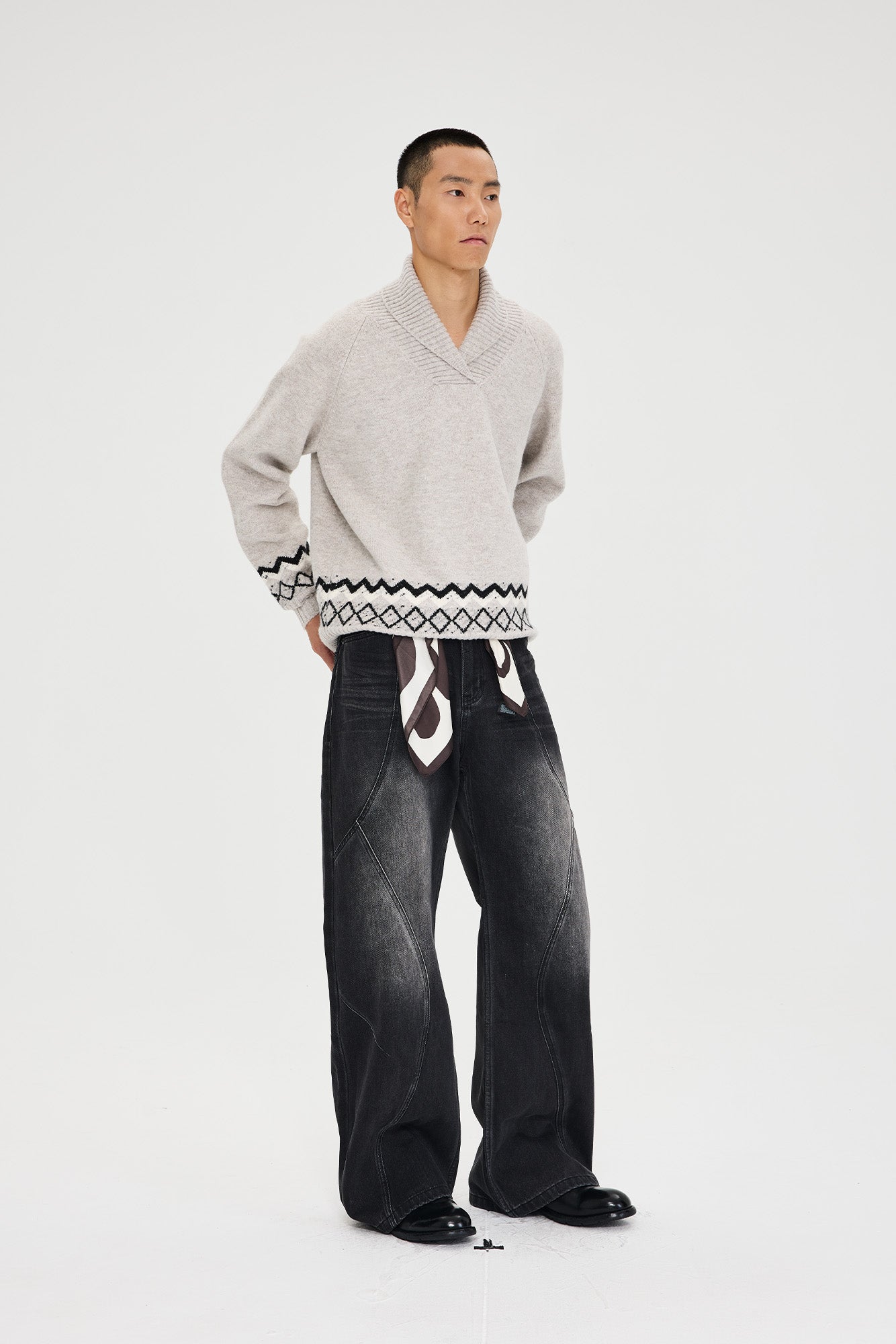 CATSSTAC Whisker-Washed Panel Wide-Leg Jeans-Jeans-M-Free Shipping Leatheretro