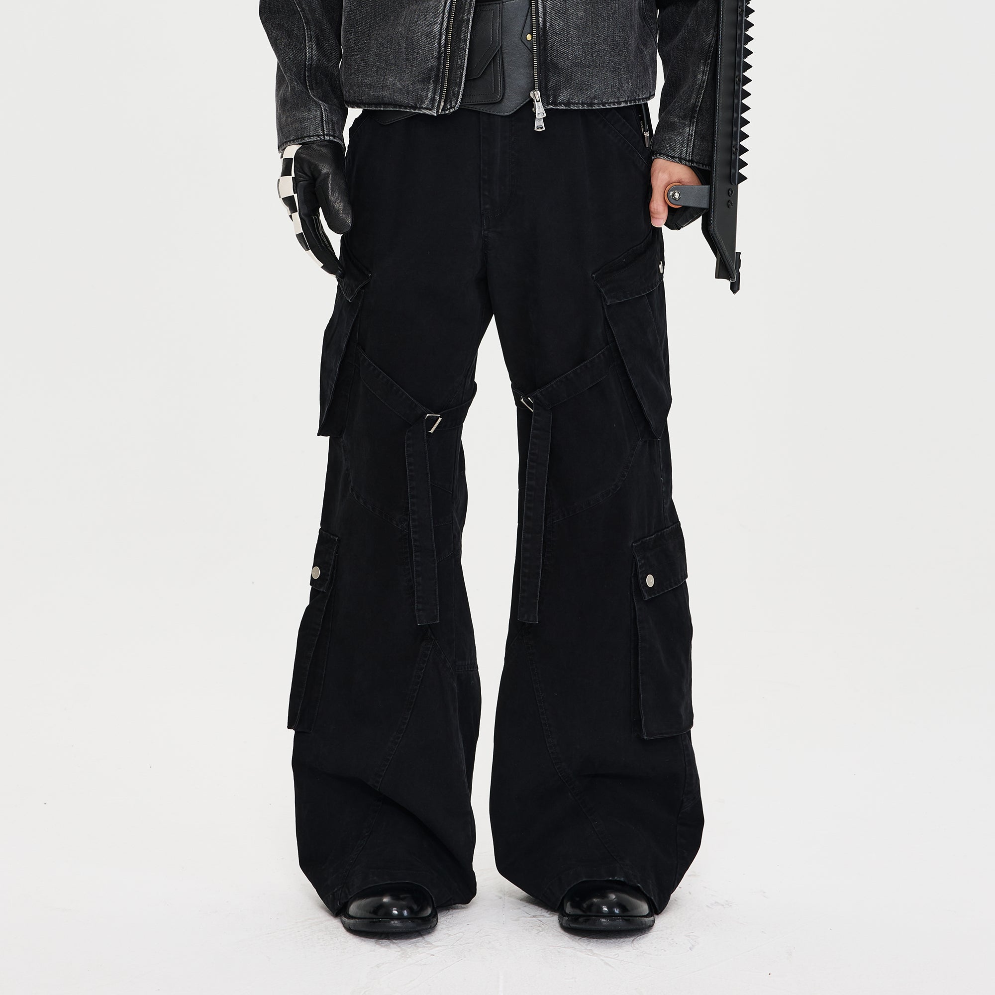 CATSSTAC Multi-Pocket Paneled Strap Cargo Pants-Pants-M-Black-Free Shipping Leatheretro