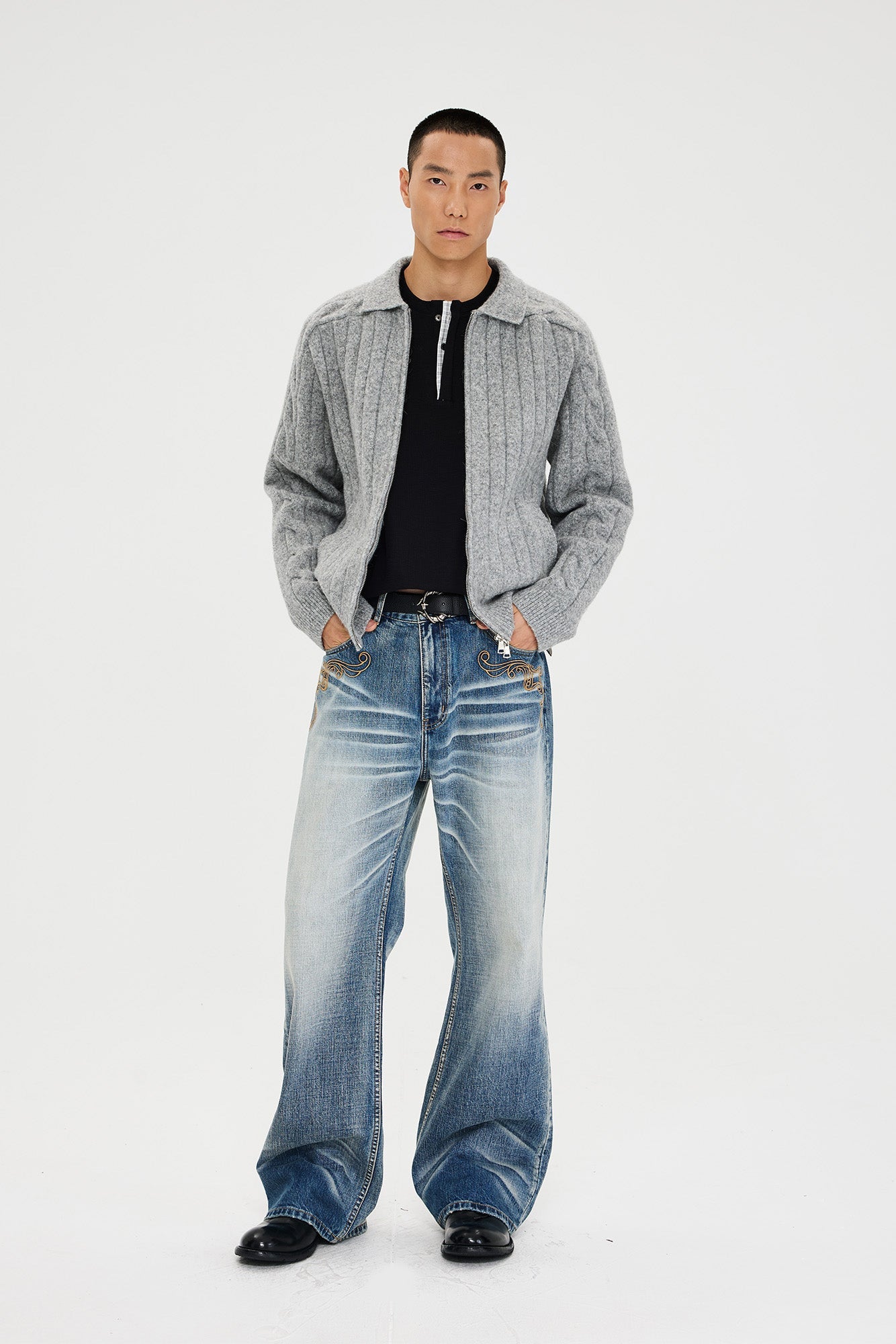 CATSSTAC Vine Scroll Embroidery Whisker-Washed Straight-Leg Jeans-Jeans-M (Preorder)-Free Shipping Leatheretro