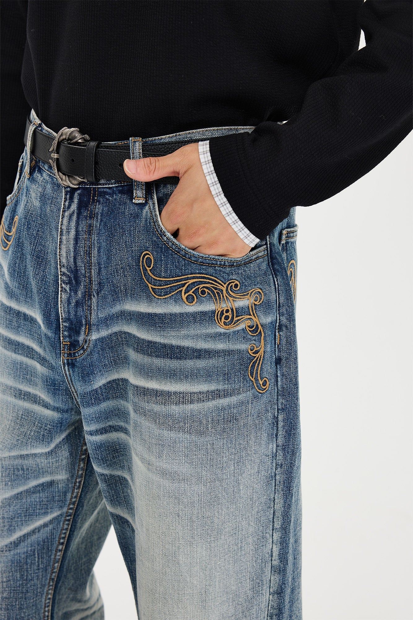 CATSSTAC Vine Scroll Embroidery Whisker-Washed Straight-Leg Jeans-Jeans-M (Preorder)-Free Shipping Leatheretro
