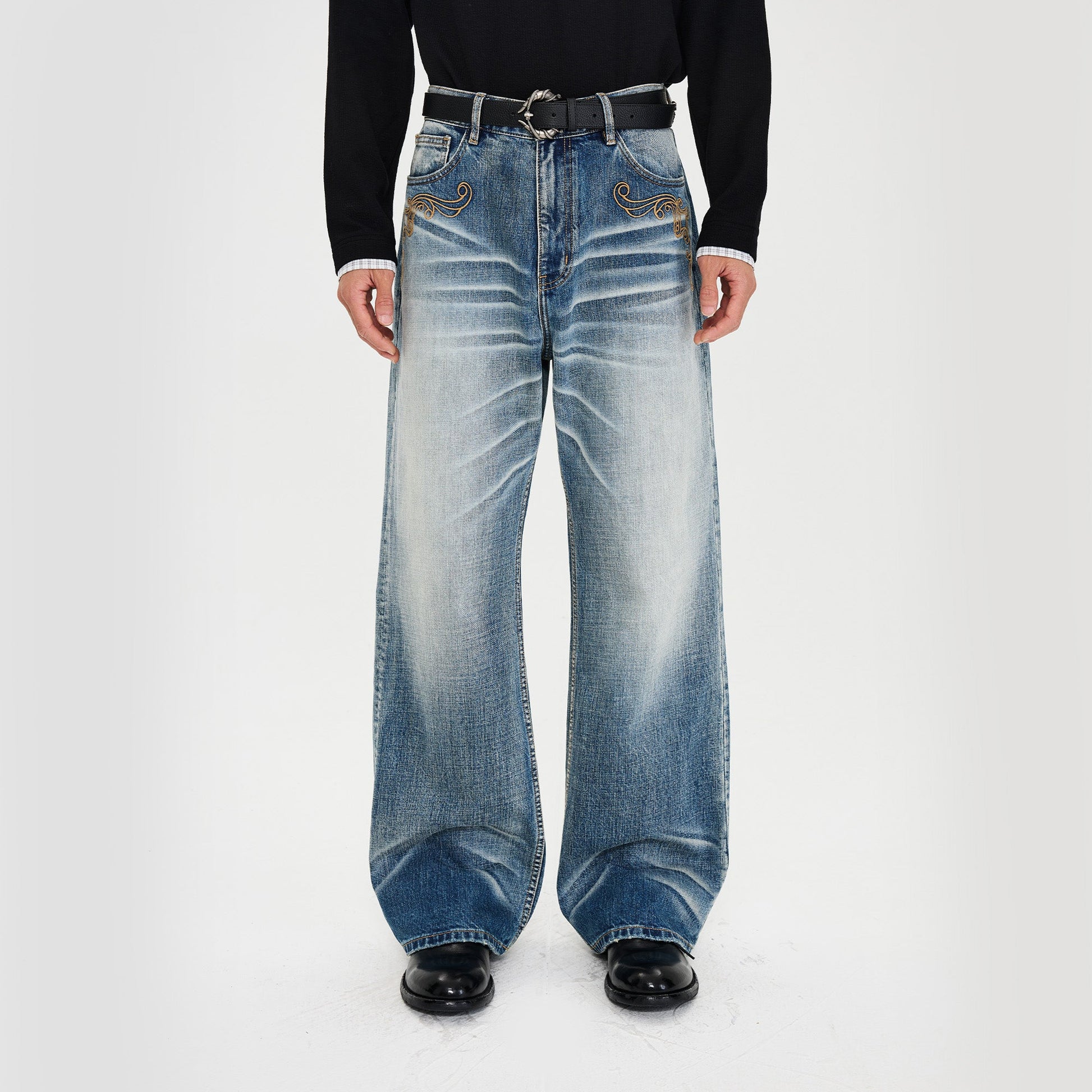 CATSSTAC Vine Scroll Embroidery Whisker-Washed Straight-Leg Jeans-Jeans-M (Preorder)-Free Shipping Leatheretro