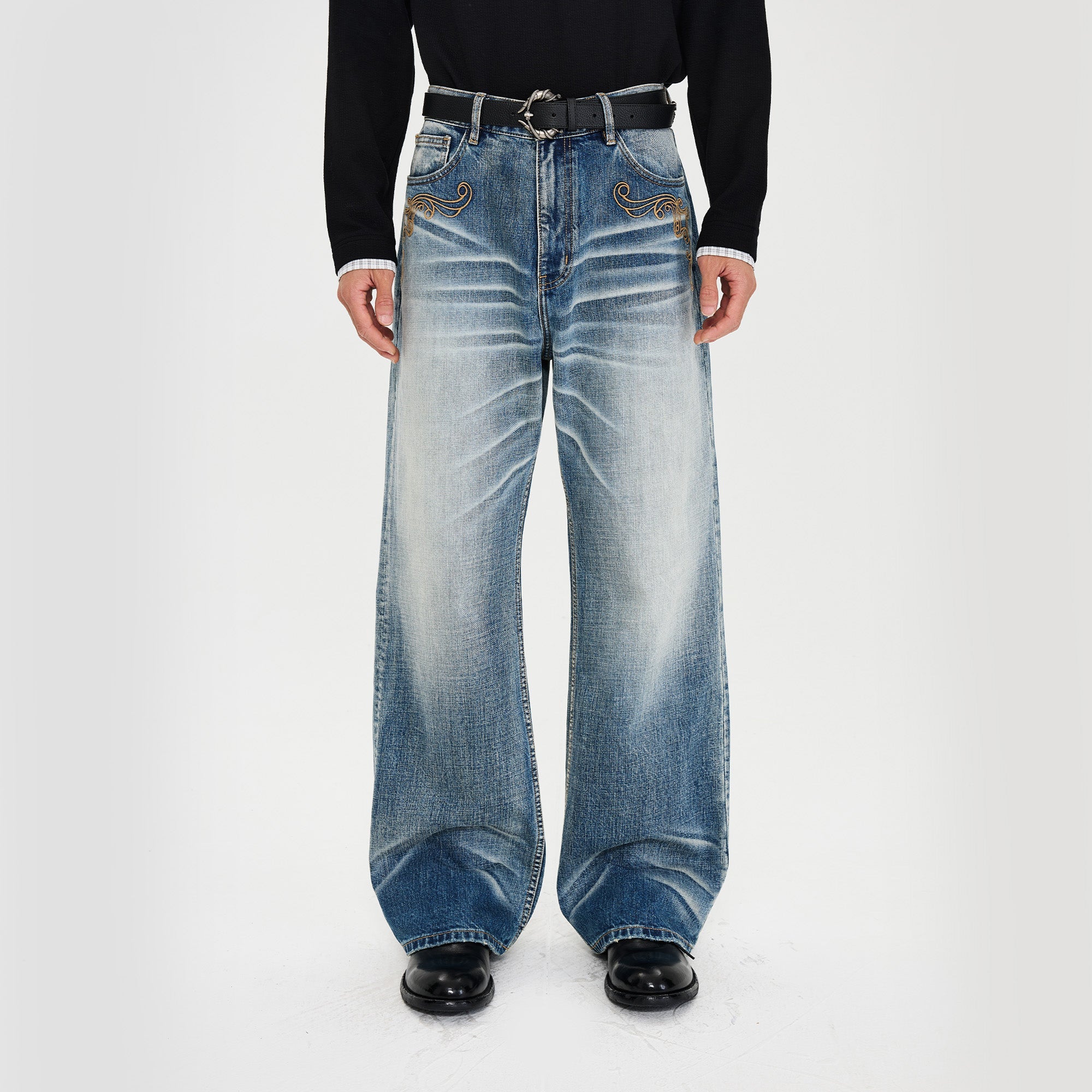 CATSSTAC Vine Scroll Embroidery Whisker-Washed Straight-Leg Jeans-Jeans-M (Preorder)-Free Shipping Leatheretro