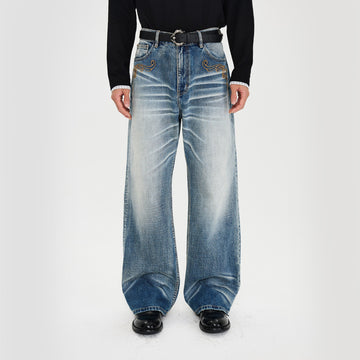 CATSSTAC Vine Scroll Embroidery Whisker-Washed Straight-Leg Jeans-Jeans-M (Preorder)-Free Shipping Leatheretro