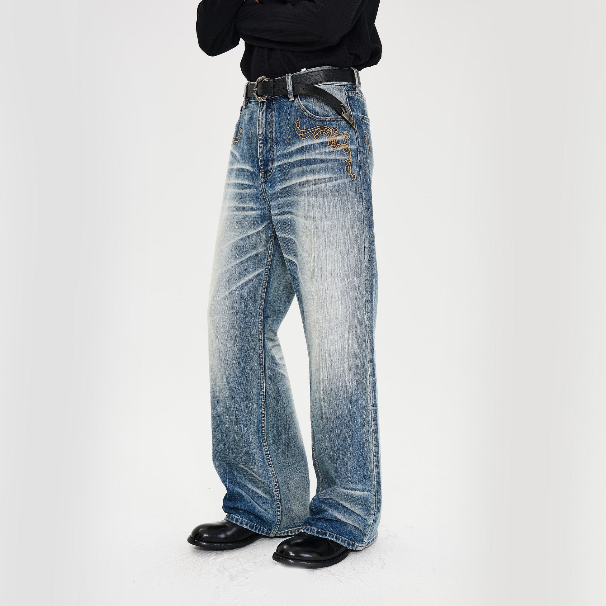 CATSSTAC Vine Scroll Embroidery Whisker-Washed Straight-Leg Jeans-Jeans-M (Preorder)-Free Shipping Leatheretro