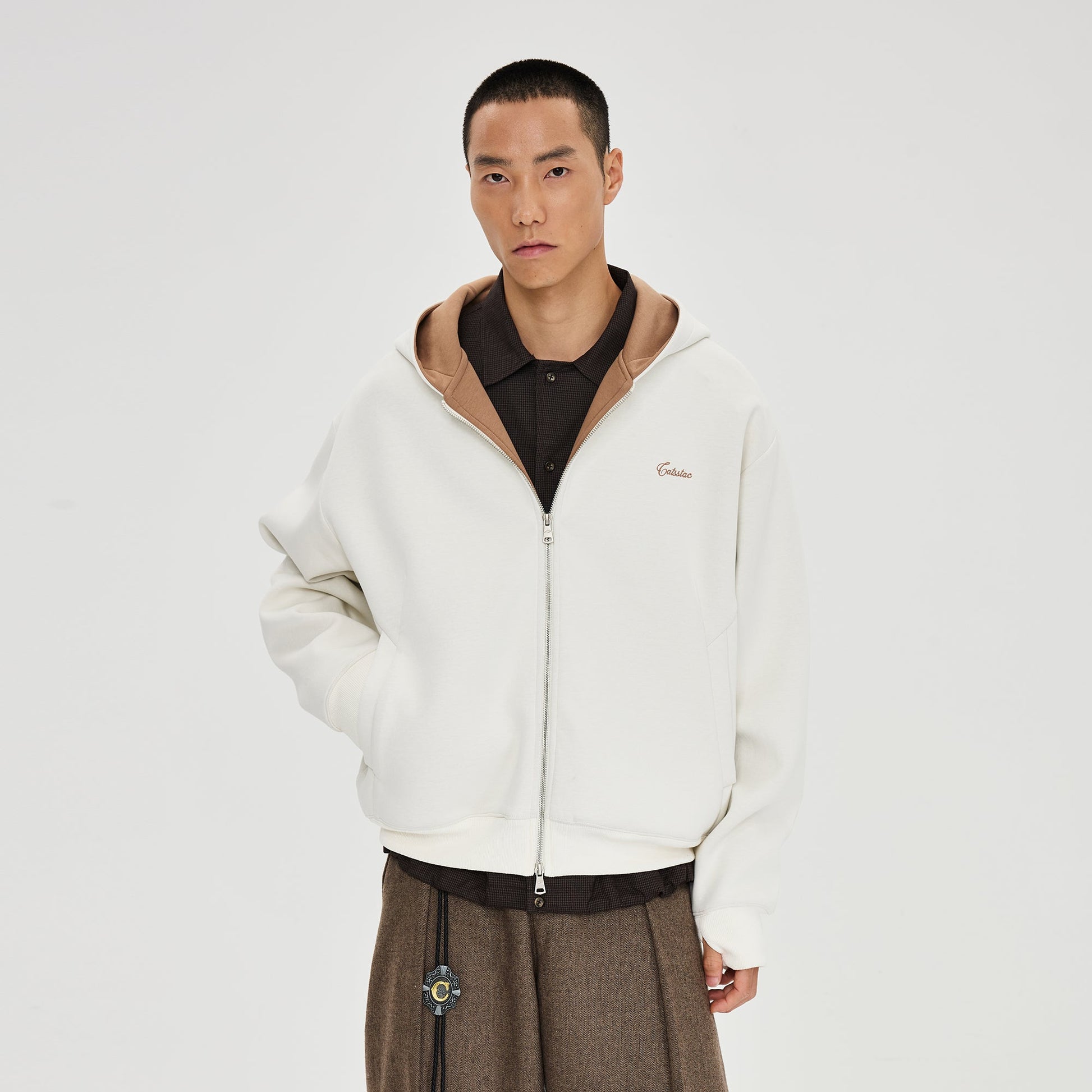 CATSSTAC Essential Embroidered LOGO Zip-Up Hoodie-Jacket-M (Preorder)-White-Free Shipping Leatheretro