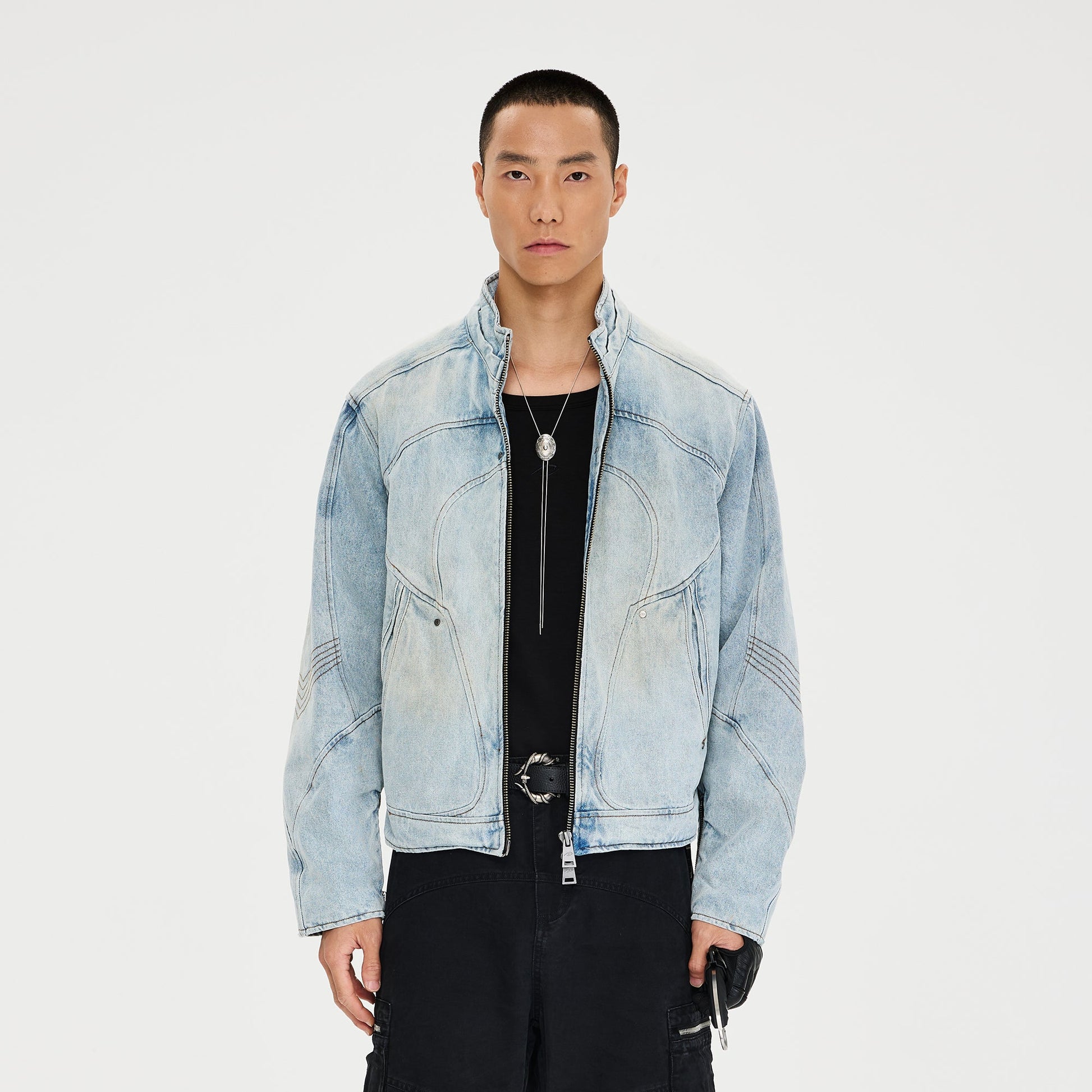 CATSSTAC Double-Collar Washed Paneled Denim Jacket-Jacket-M-Free Shipping Leatheretro