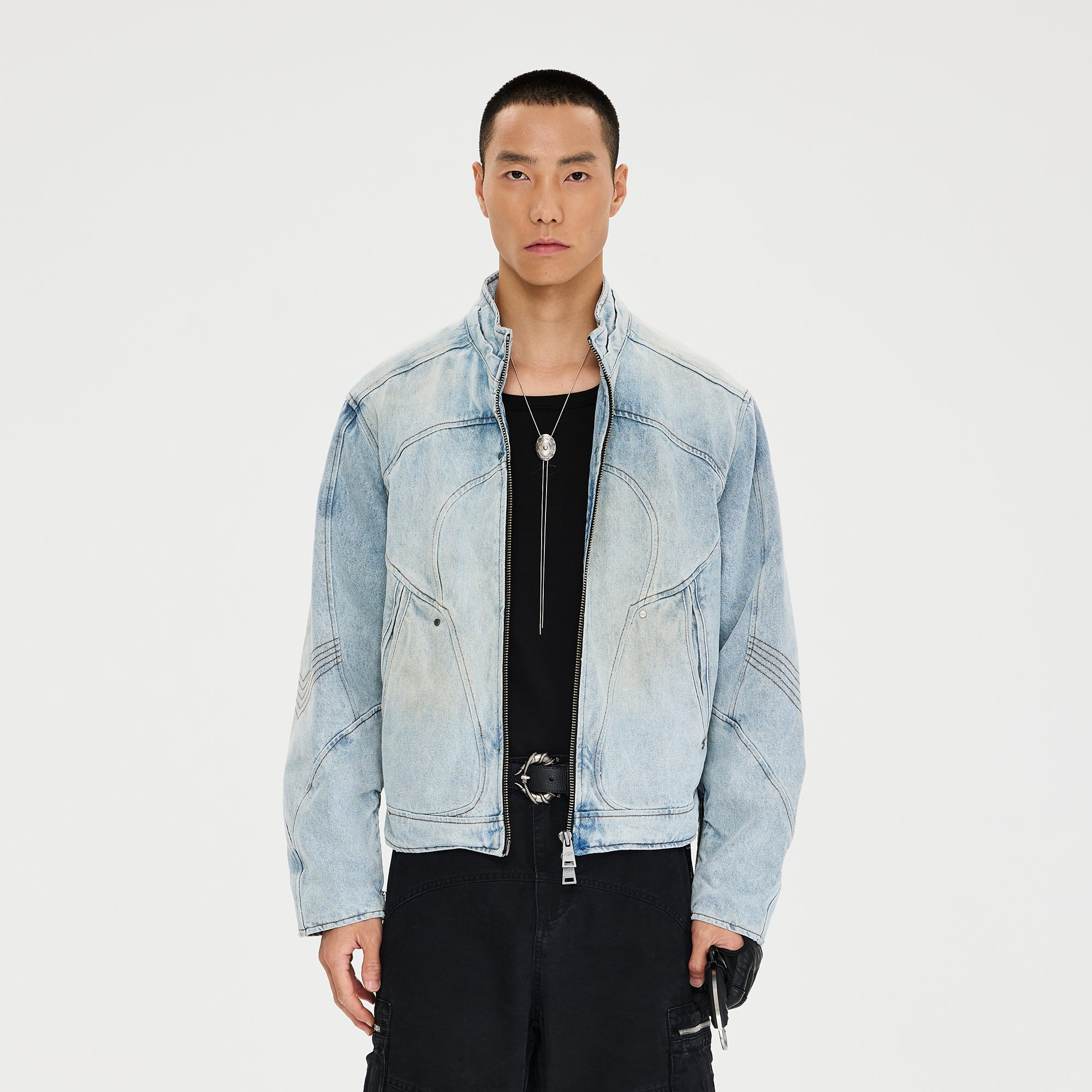 CATSSTAC Double-Collar Washed Paneled Denim Jacket-Jacket-M-Free Shipping Leatheretro