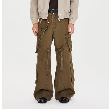 CATSSTAC Multi-Pocket Paneled Strap Cargo Pants-Pants-M-Brown-Free Shipping Leatheretro