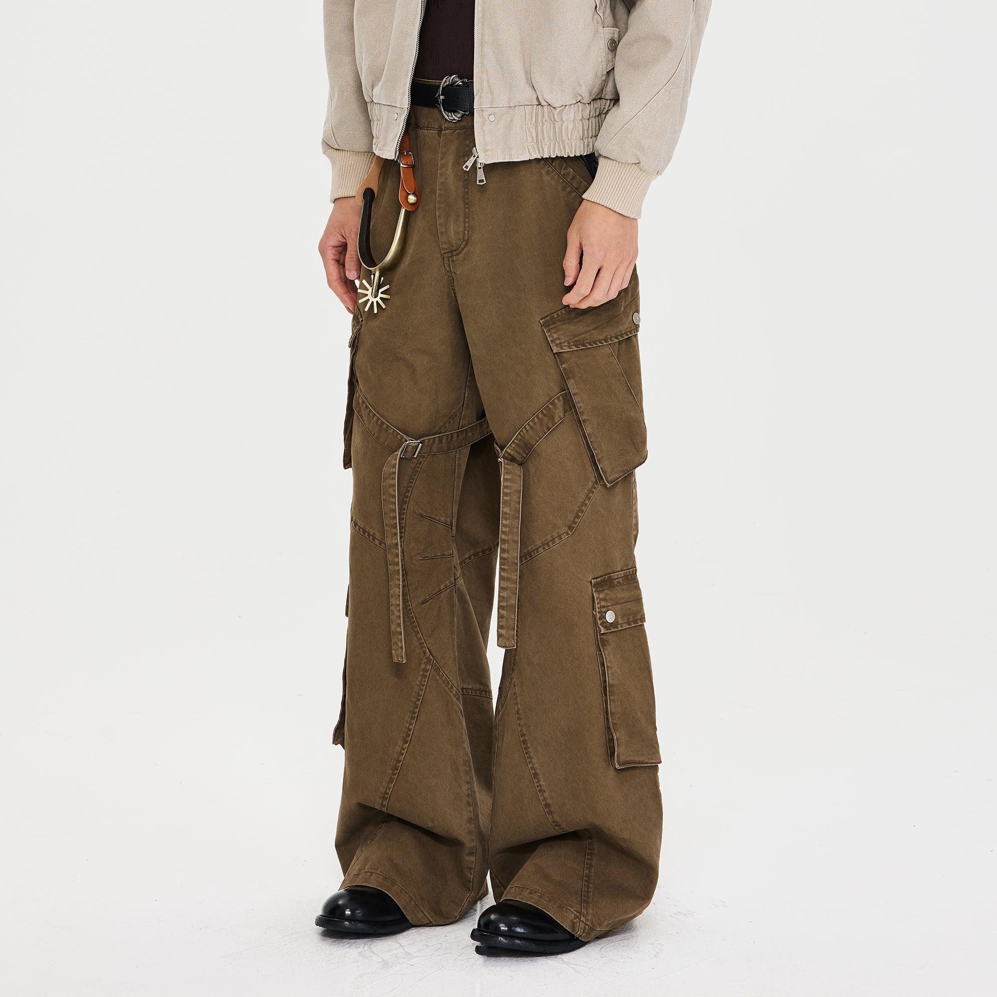 CATSSTAC Multi-Pocket Paneled Strap Cargo Pants-Pants-M-Brown-Free Shipping Leatheretro