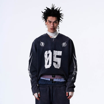SAVAGEGROWTHWORLD No.5 Distressed Long-Sleeve Tee-L/S Tee-S-Blue-Free Shipping Leatheretro