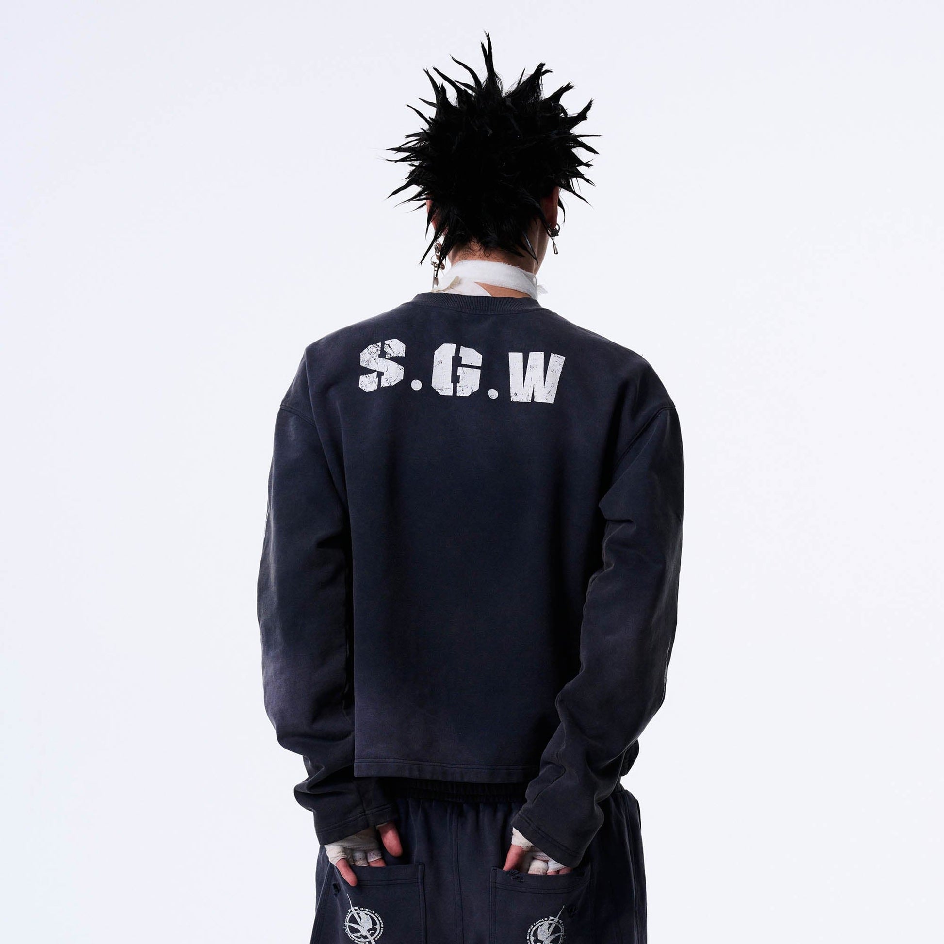 SAVAGEGROWTHWORLD No.5 Distressed Long-Sleeve Tee-L/S Tee-S-Blue-Free Shipping Leatheretro