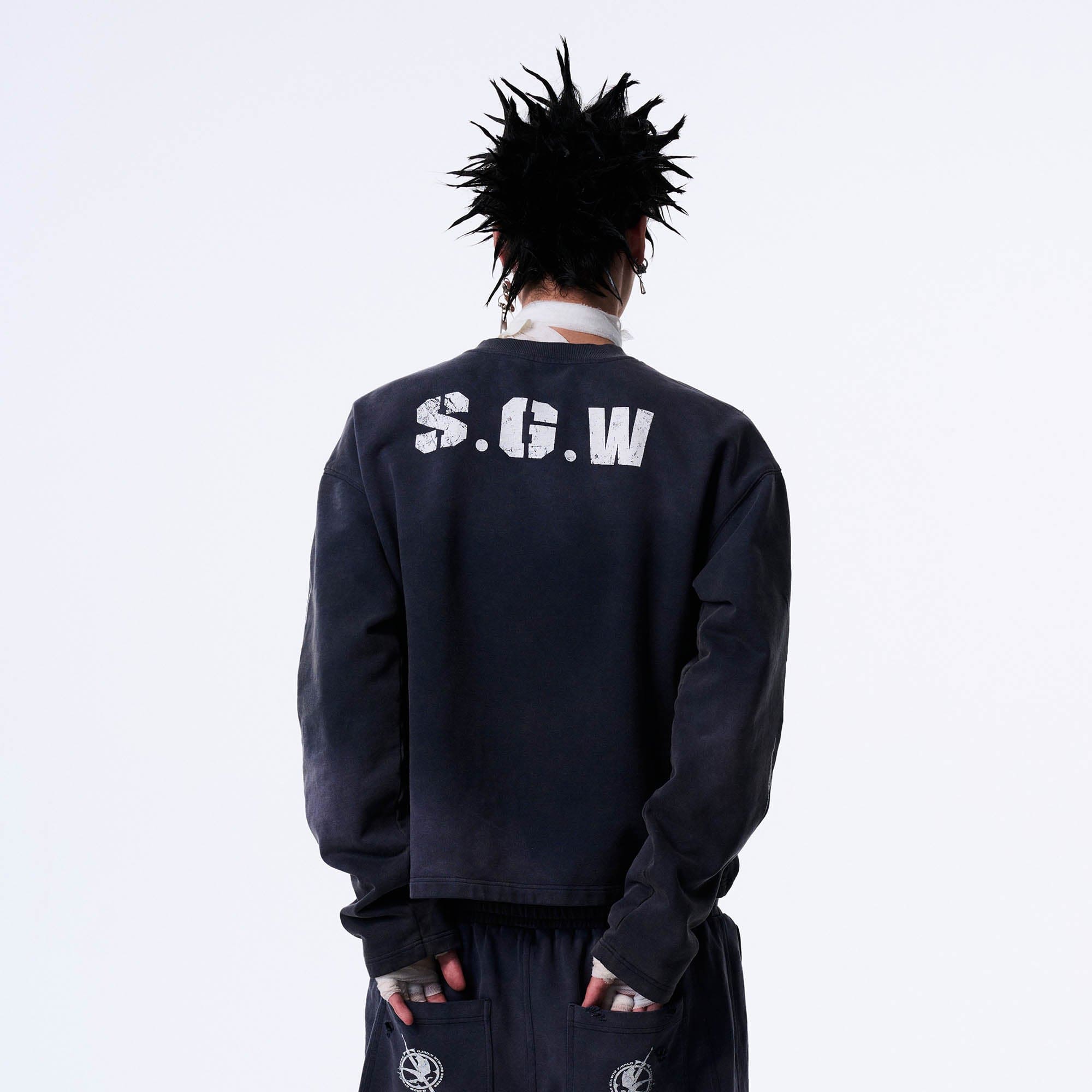 SAVAGEGROWTHWORLD No.5 Distressed Long-Sleeve Tee-L/S Tee-S-Blue-Free Shipping Leatheretro