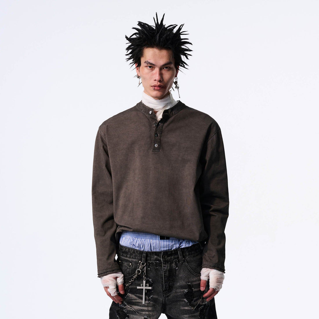 SAVAGEGROWTHWORLD Distressed Cross-Stitched Henley Shirt-L/S Tee-S-Free Shipping Leatheretro