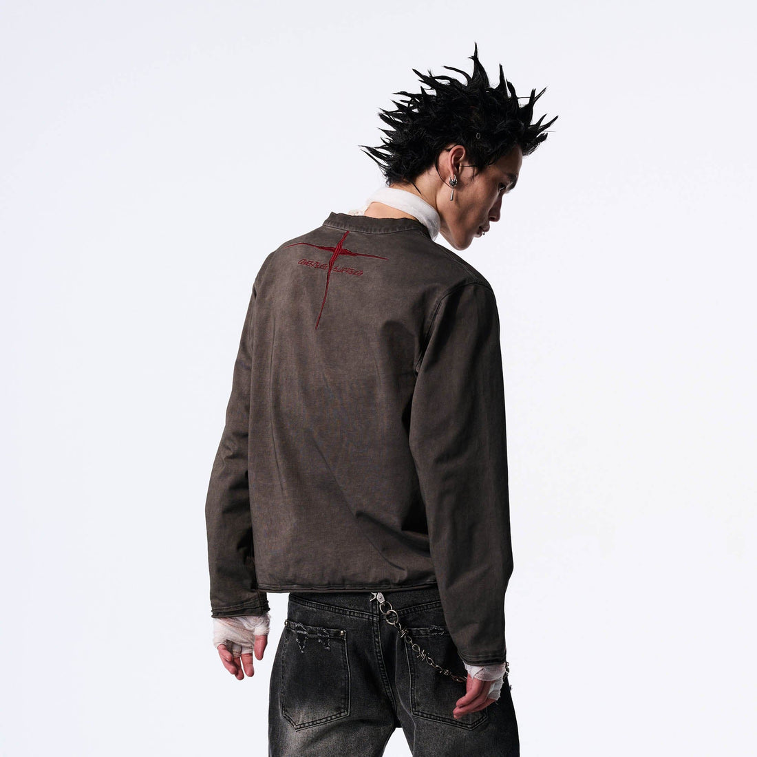 SAVAGEGROWTHWORLD Distressed Cross-Stitched Henley Shirt-L/S Tee-S-Free Shipping Leatheretro