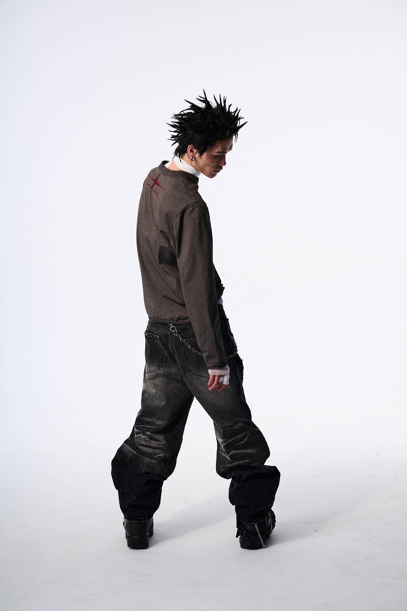 SAVAGEGROWTHWORLD Distressed Cross-Stitched Henley Shirt-L/S Tee-S-Free Shipping Leatheretro