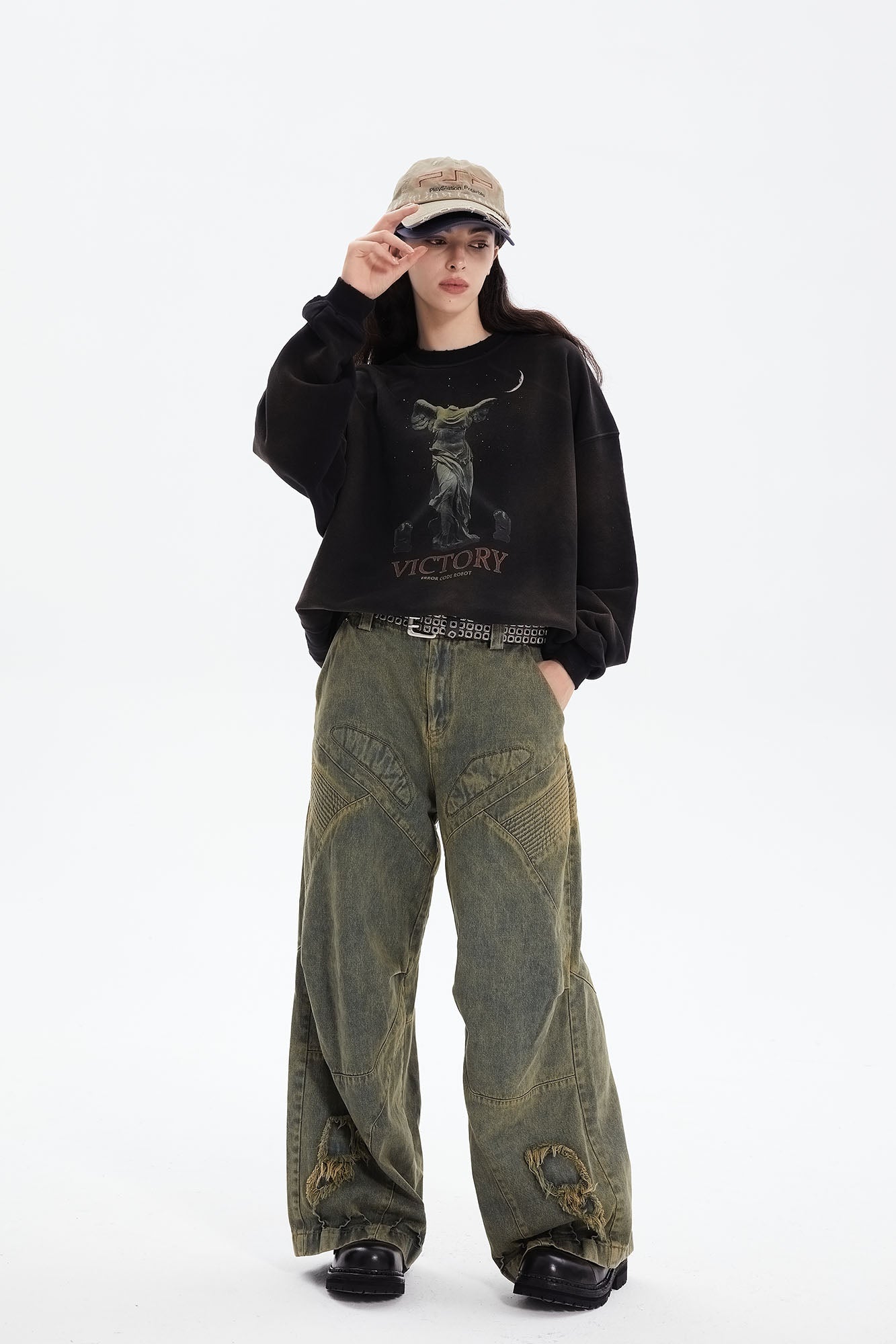 ERROR CODE ROBOT Heavy Wash Paneled Straight-Leg Jeans-Jeans-S-Free Shipping Leatheretro