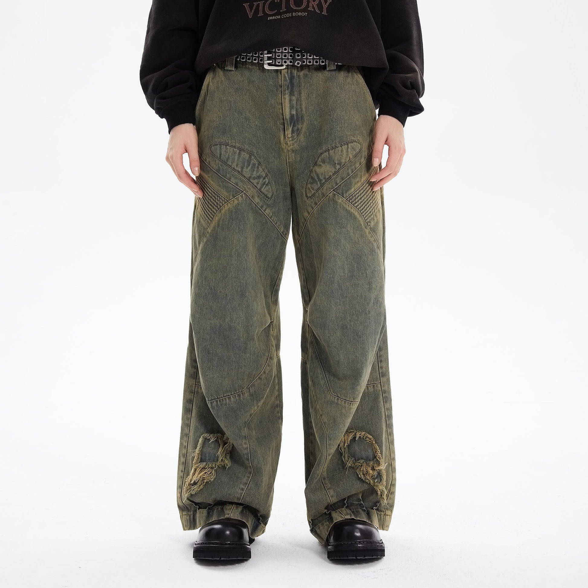 ERROR CODE ROBOT Heavy Wash Paneled Straight-Leg Jeans-Jeans-S-Free Shipping Leatheretro