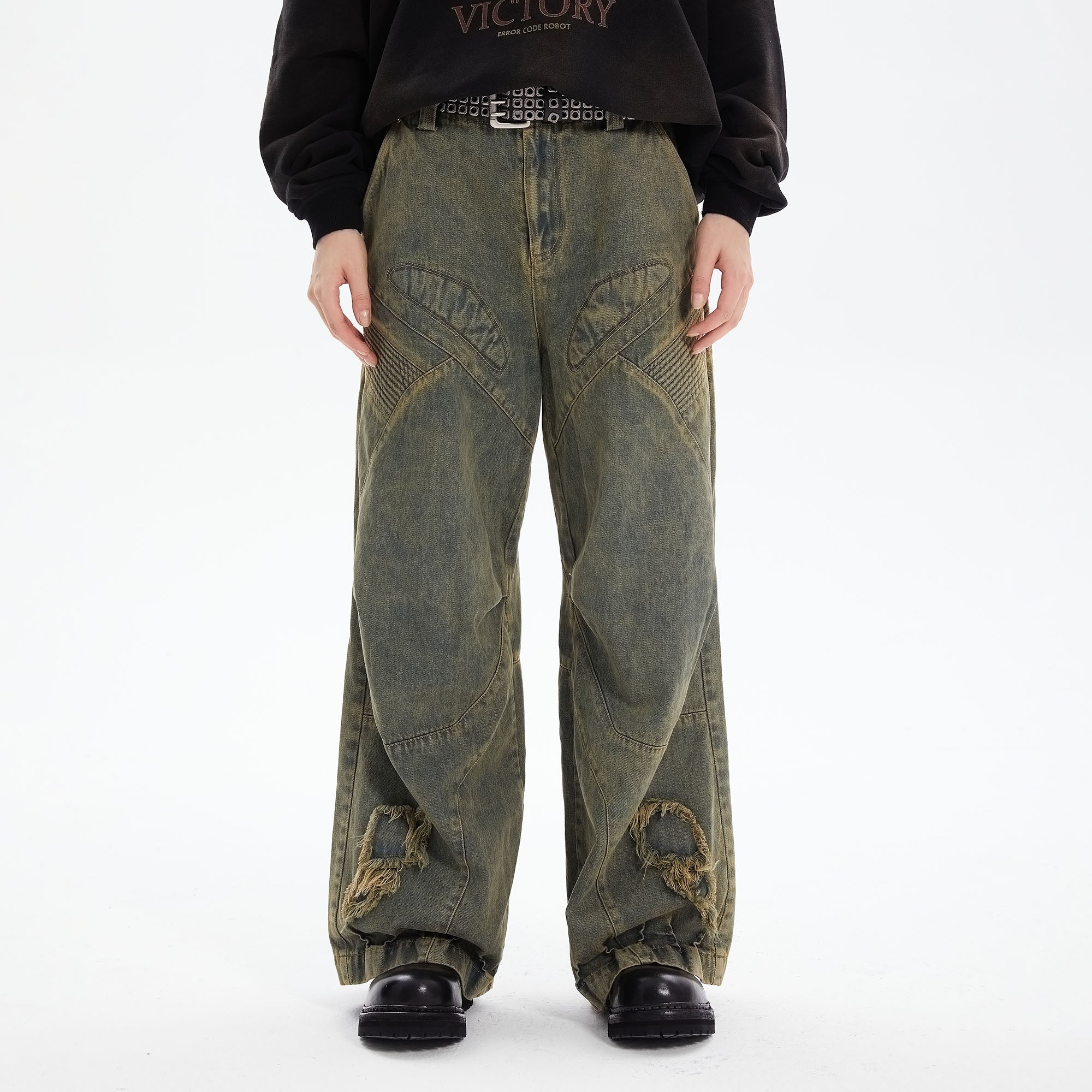 ERROR CODE ROBOT Heavy Wash Paneled Straight-Leg Jeans-Jeans-S-Free Shipping Leatheretro