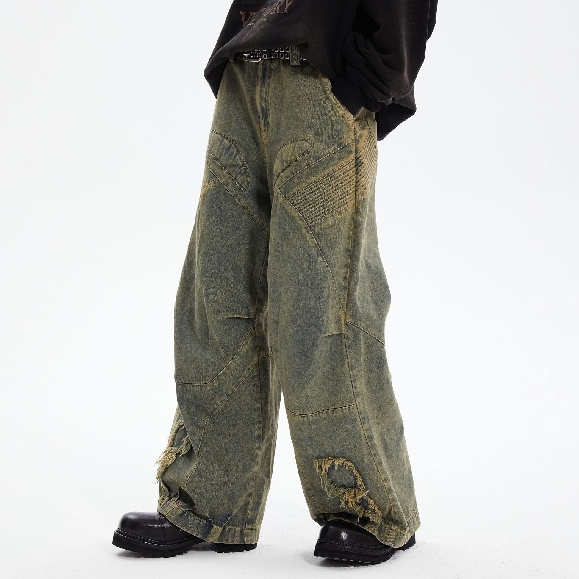 ERROR CODE ROBOT Heavy Wash Paneled Straight-Leg Jeans-Jeans-S-Free Shipping Leatheretro