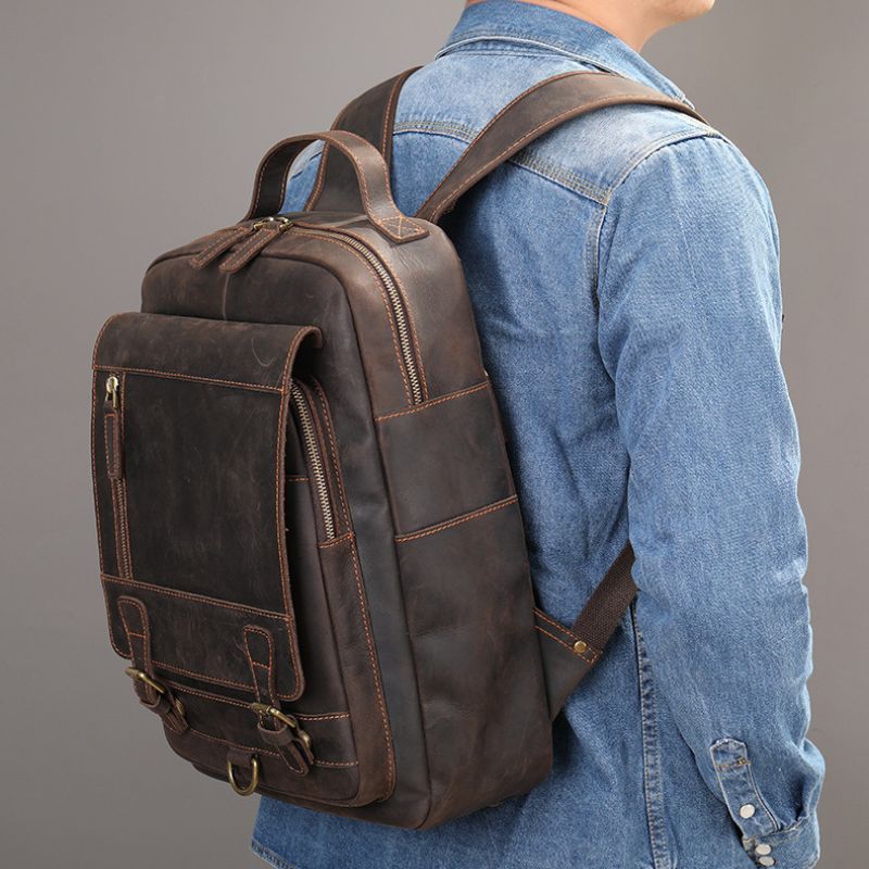 Crazy horse leather knapsack laptop backpack-Backpacks-Dark Coffee-Free Shipping Leatheretro
