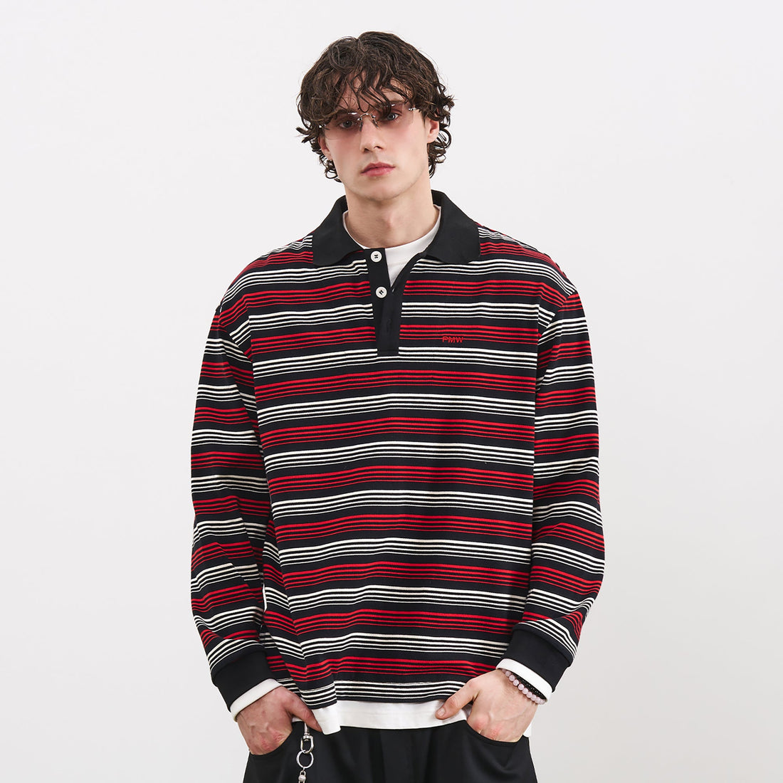 PMW Faux-Layer Stripe Long-Sleeve Polo-L/S Tee-S-Free Shipping Leatheretro