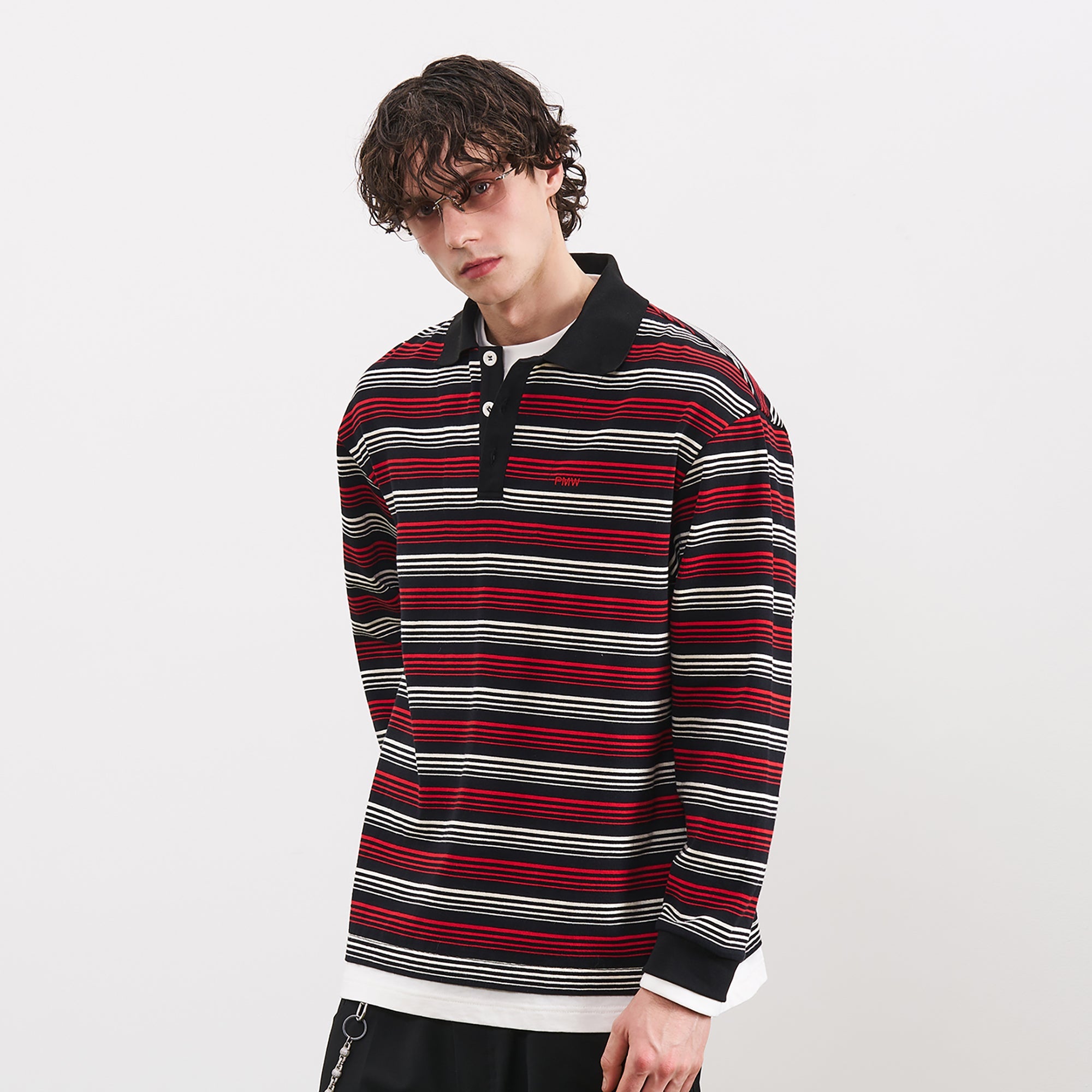 PMW Faux-Layer Stripe Long-Sleeve Polo-L/S Tee-S-Free Shipping Leatheretro
